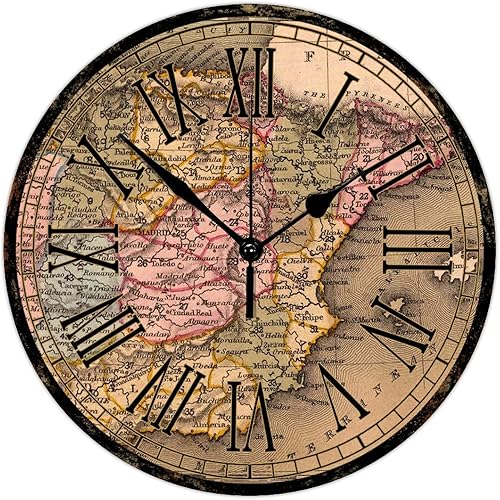 Reloj de pared de madera, estilo vintage, mapa del viejo mundo, 15 pulgadas, estético, redondo, de madera, reloj de pared digital con manecillas de