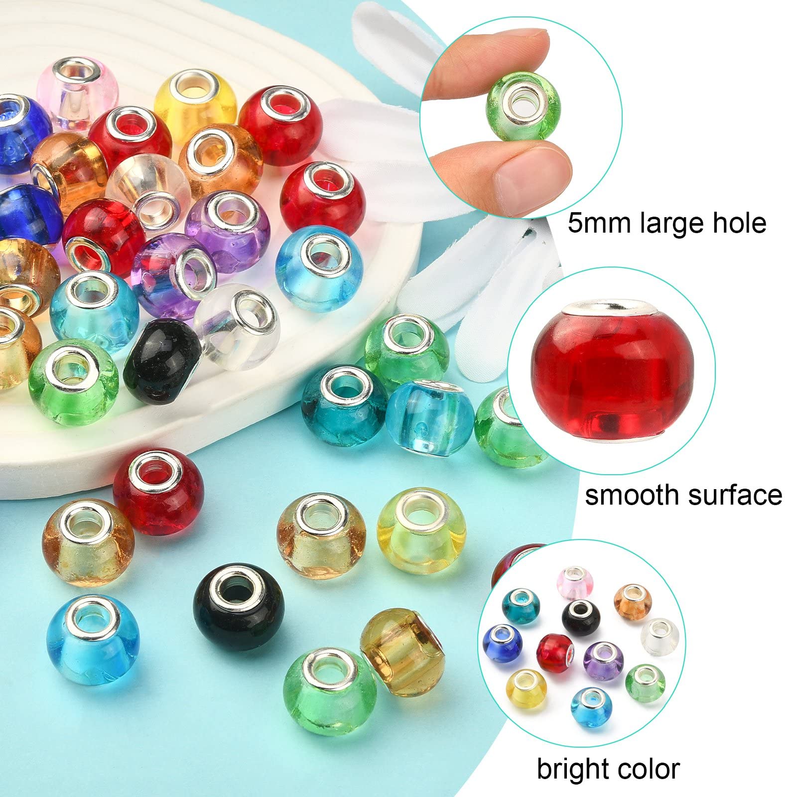 UR URLIFEHALL 100 Pcs Glass European Beads Rondelle Large Hole Charm Beads with Silver Brass Double Cores for Bracelet Jewellery Making (Random Mixed Colour) - Image 3