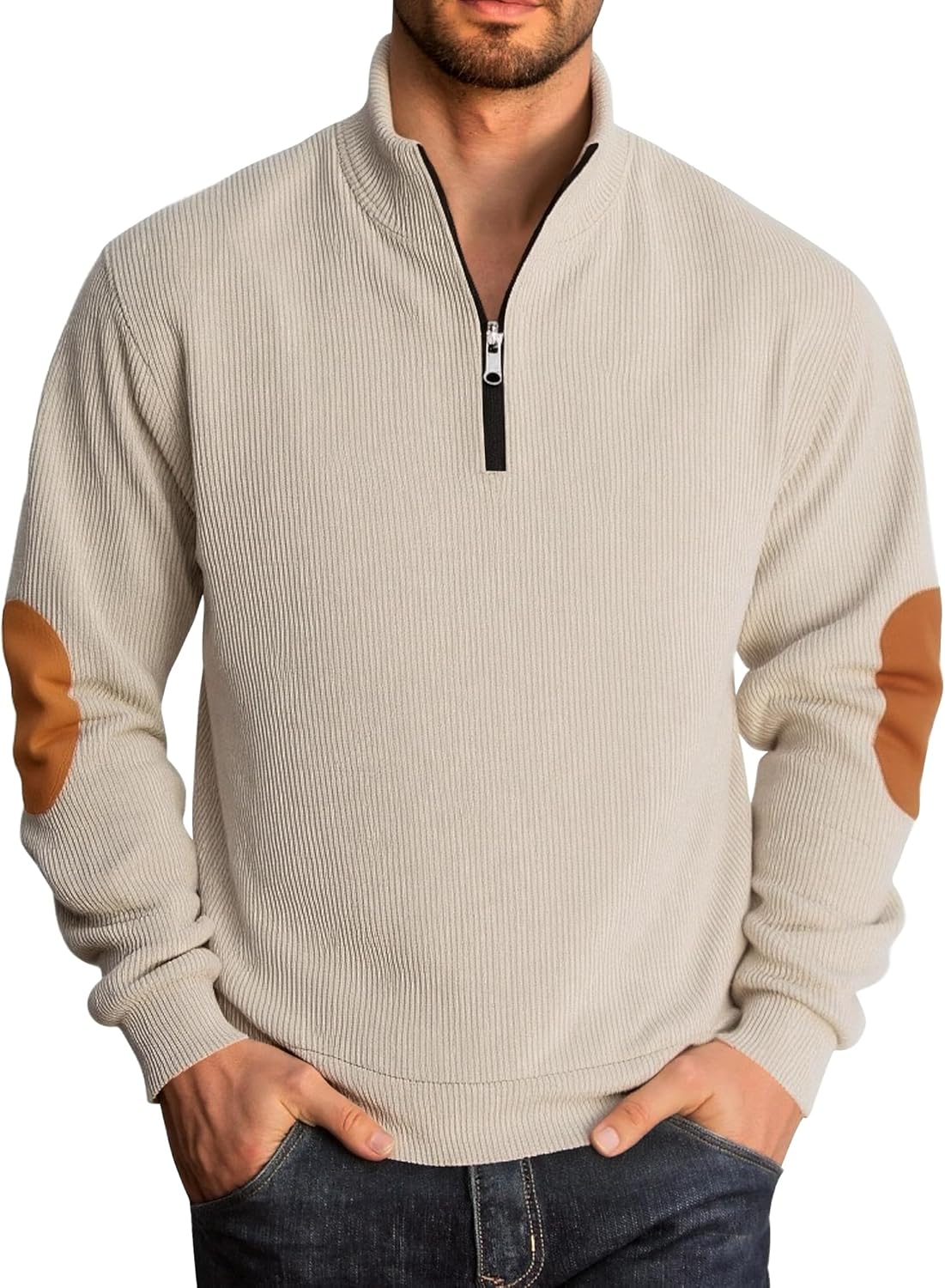 Men's Quarter Zipper Pullover Corduroy Sweatshirts Casual Stand Collar Long Sleeve Knit Top Outdoor Sweater