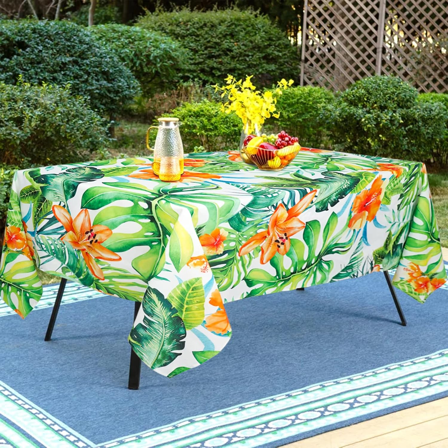 Tropical Leaves Outdoor Tablecloth with Umbrella Hole for Rectangle Table, Waterproof Green Leaf Patio Table Cloth with Zipper - 60 x 84 inches