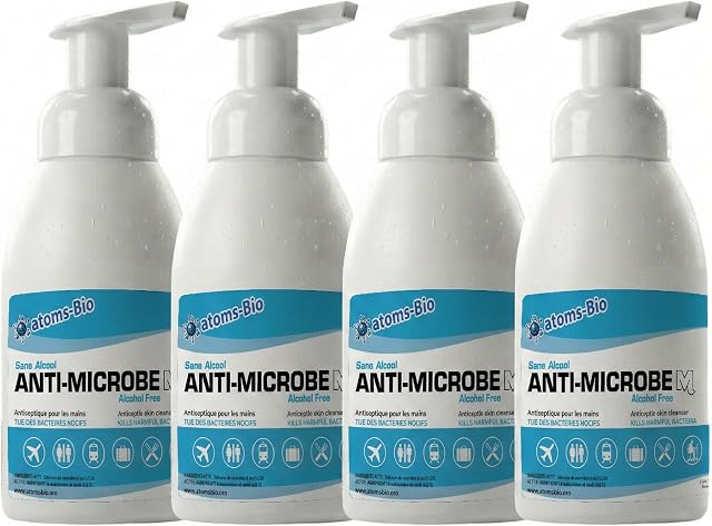 atoms-Bio Alcohol-Free Foaming Hand Sanitizer 550 mL (Pack of 4) – Hypoallergenic & Fragrance-Free– Foaming Pump Bottles – Safe for Kids & Sensitive Skin, Made in Canada, Health Canada approved (DIN 02502178)