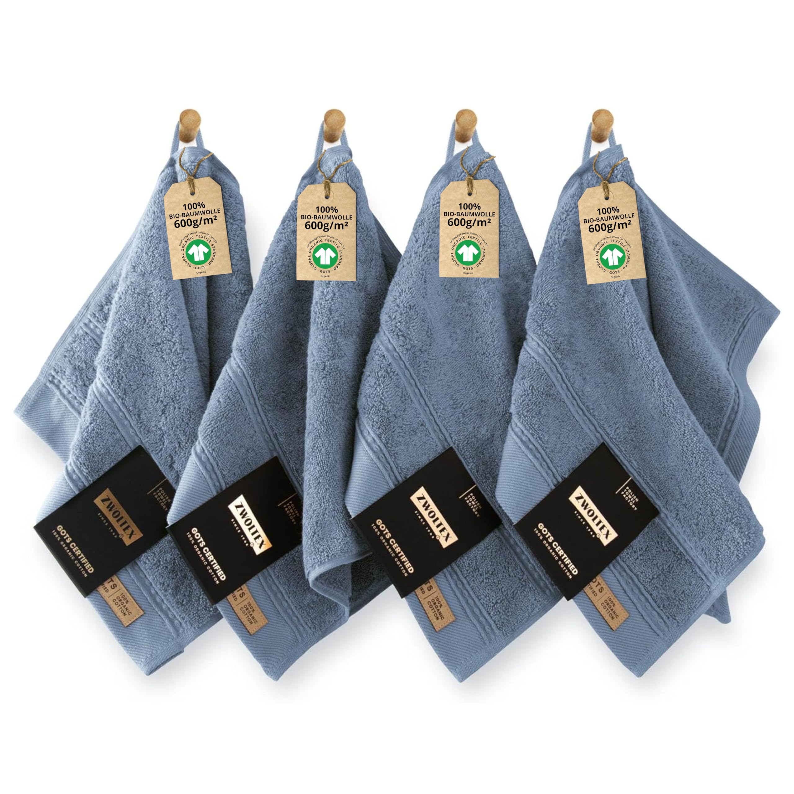 ZWOLTEX - Premium Gästehandtücher 30x50 Blau [4er Set - 650 g/m²], 100% Bio Baumwolle GOTS Zertifizert, ÖKO-TEX, Ultra Weich & Saugfähig - Queen Collection