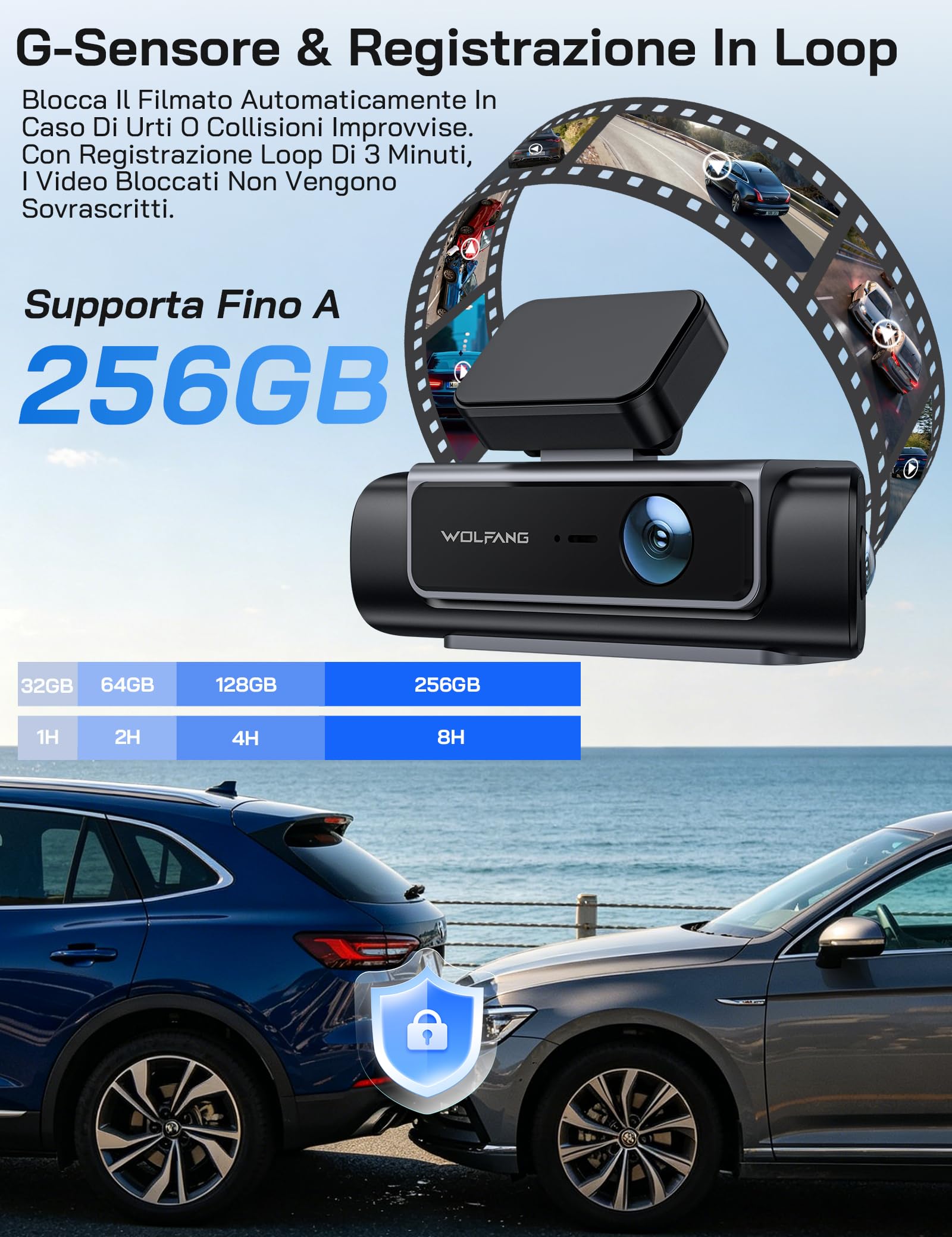 WOLFANG Dash Cam Auto, Dashcam 4 Canali 610° Telecamera Auto 4K Fronte 1080P Retro Interno Laterali, 5.8GHz Wi-Fi, IPS 3.39", Visione Notturna, Monitor di Parcheggio, Sensore G, WDR