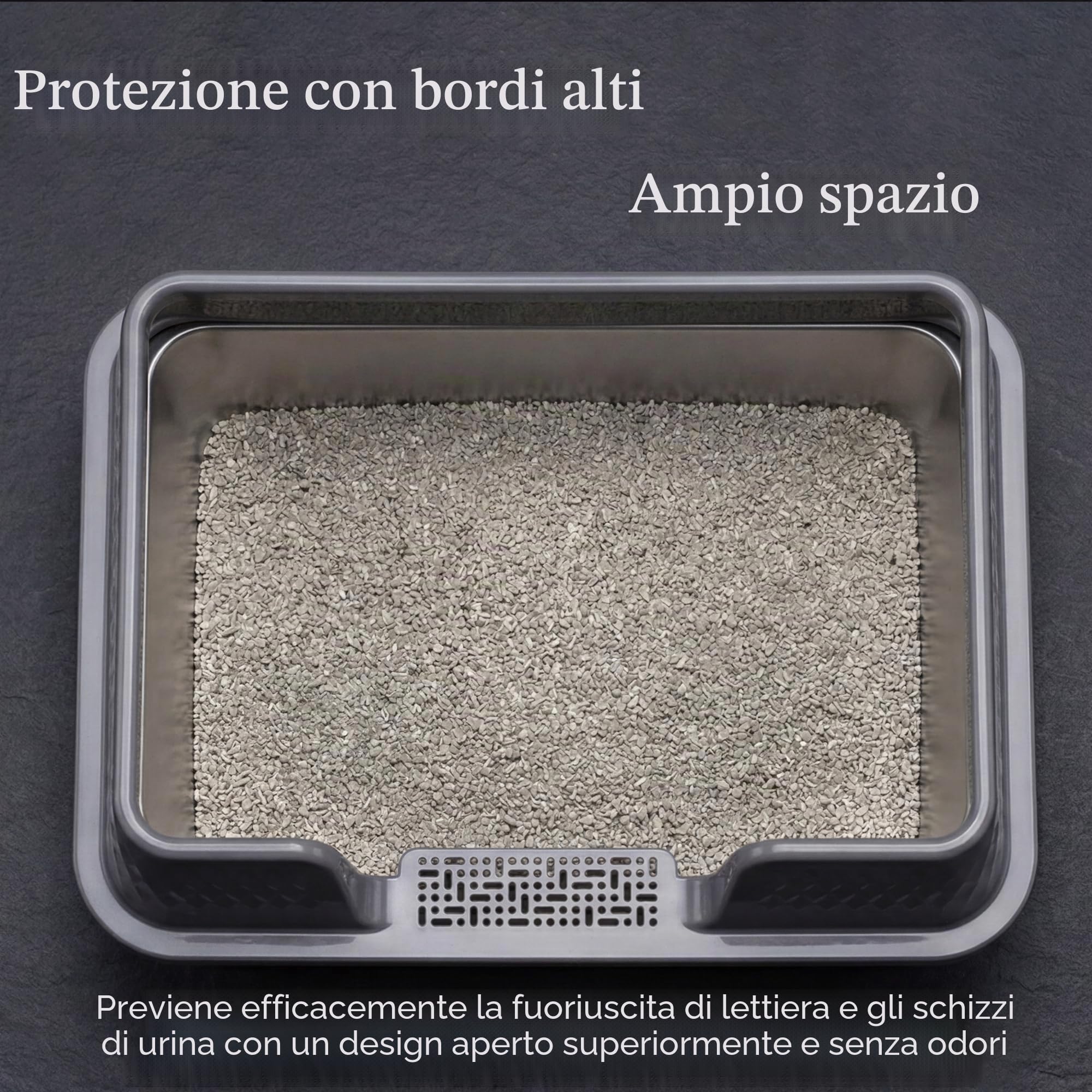 Suhaco Lettiera in Acciaio Inox per Gatti XL con Coperchio, Tappetino e Paletta - Lati Alti, Facile da Pulire (L, Grigio)
