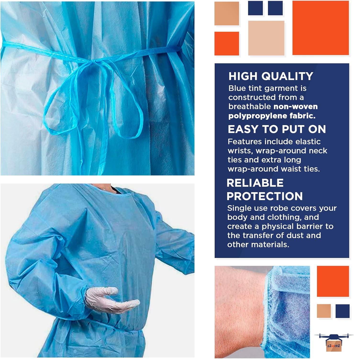 EZGOODZ Blue Disposable Isolation Gown 45 inches Long. Pack of 30 PPE Gowns Disposable. 2X-Large Personal Protective Gown Disposable. Unisex Plastic Medical Gowns Fluid Resistant