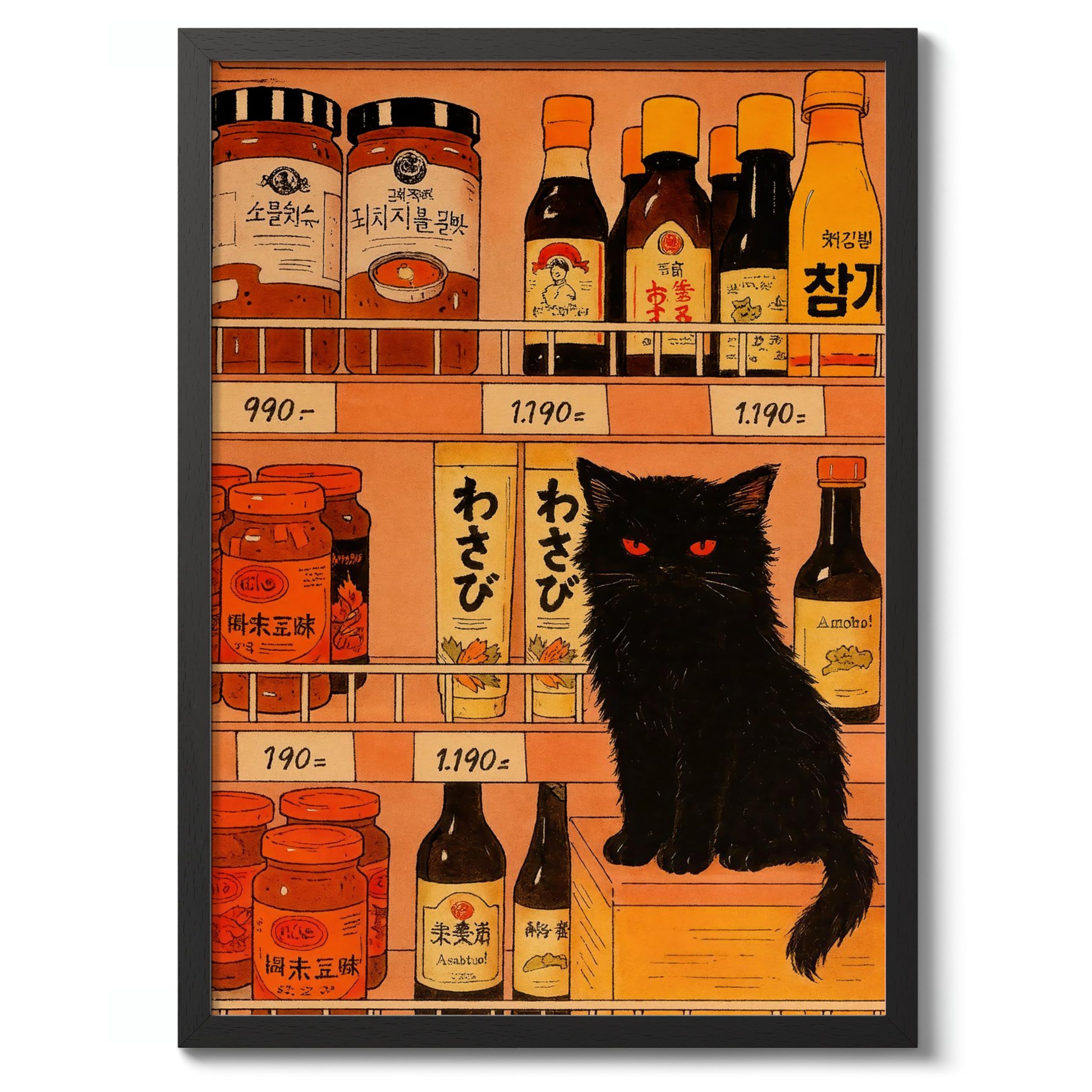 Spice Shelf Cat Anime Woodblock Poster Modern Woodblock Print, Cartoon Manga Kitten Wall Art Decor, Modern Japanese, Cat Lovers, A5 (Black Frame) - 24.1x17.9cm โ image 1