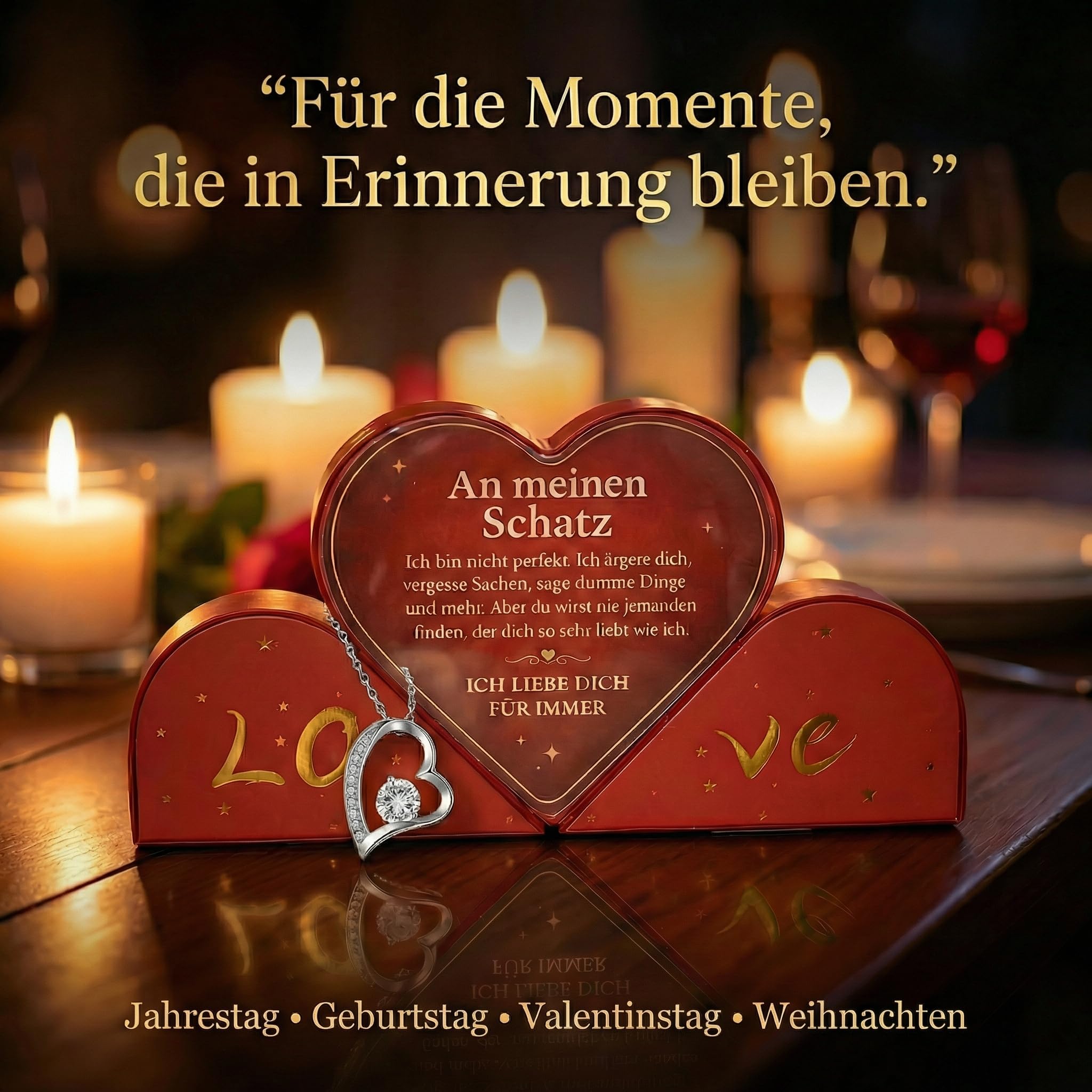 Geschenk für Freundin Frau - Herzförmige Box mit Ewiger Rose & Silber Herzkette, Schmuck Geschenkidee mit Liebesbotschaft für Geburtstag, Jahrestag, Valentinstag & Weihnachten