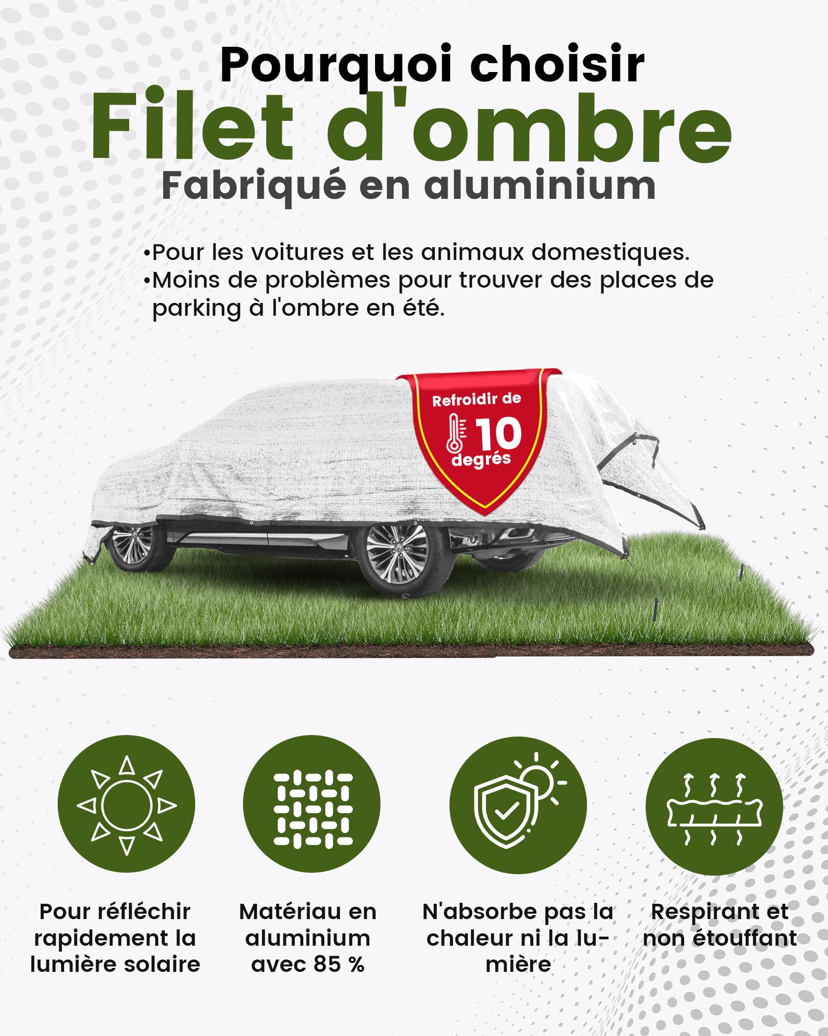 Filet d'ombrage pour Voiture 3x4m, 85% d'aluminium Filet d'ombrage comme Protection Contre Les UV et Le Soleil, pour l'extérieur, y Compris Corde élastique, 5m de Corde en Nylon, Clous