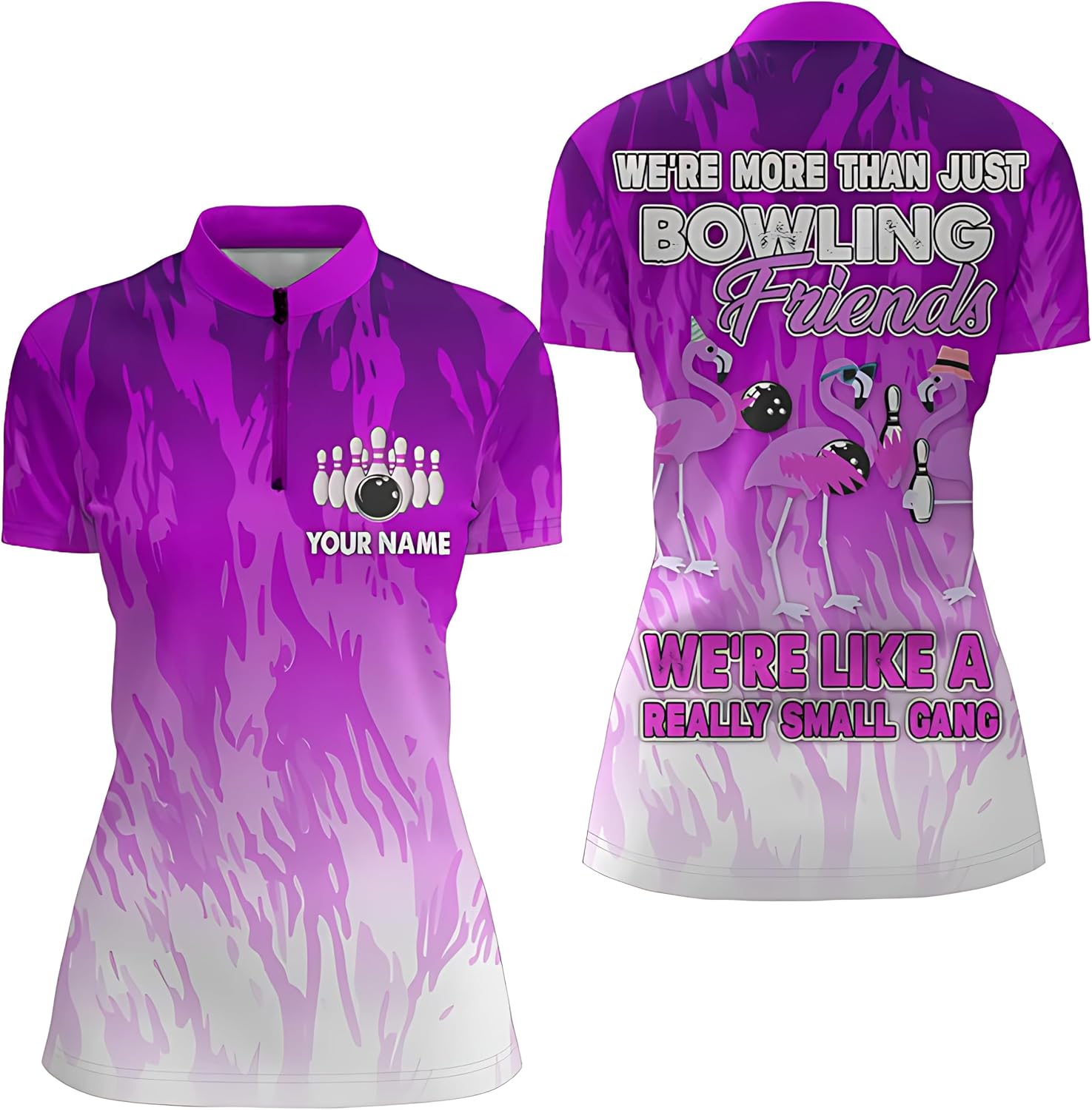 Personalized Bowling Shirt for Women, Pink Flamingo Bowling Jersey Women's Bowlers Quarter-Zip Shirt N173