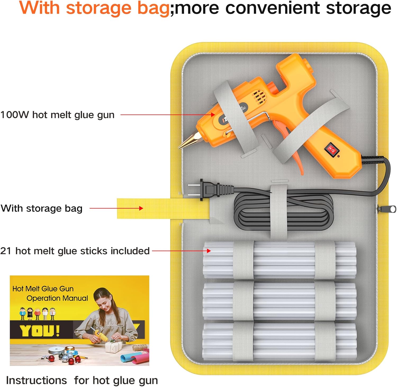IZIO Hot glue gun and sticks set with 21 glue sticks (7/16")& storage pouch, ideal for bonding wood, fabric, plastic, diy projects, home repairs,handmade crafts，photo frames, diy fairy gardens,orange