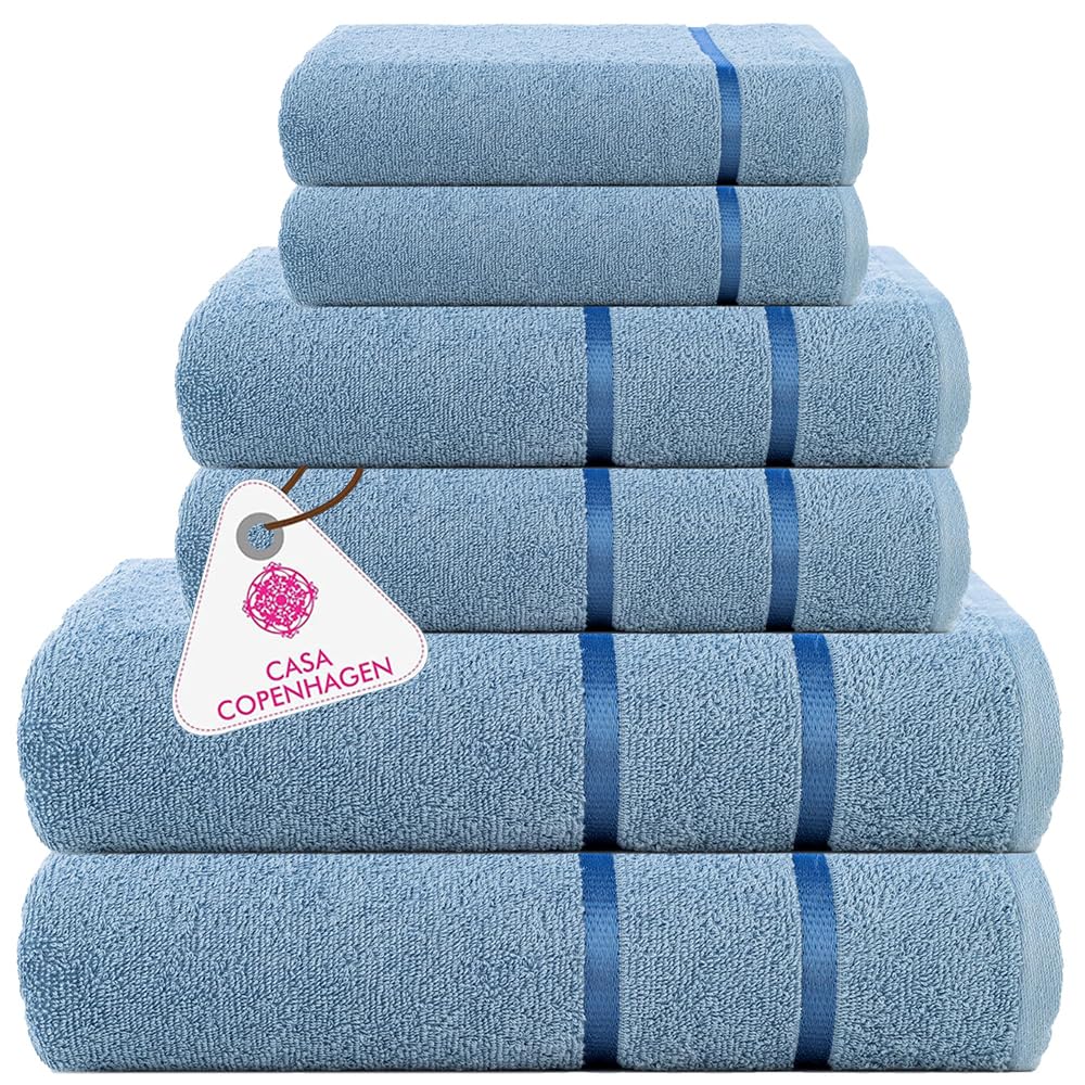 CASA COPENHAGEN Eternal 6 Pieces Towel Set- Dusty Blue, 500 GSM 2 Bath Towel 2 Hand Towel 2 Washcloth, Designed in Denmark Made of Soft Egyptian
