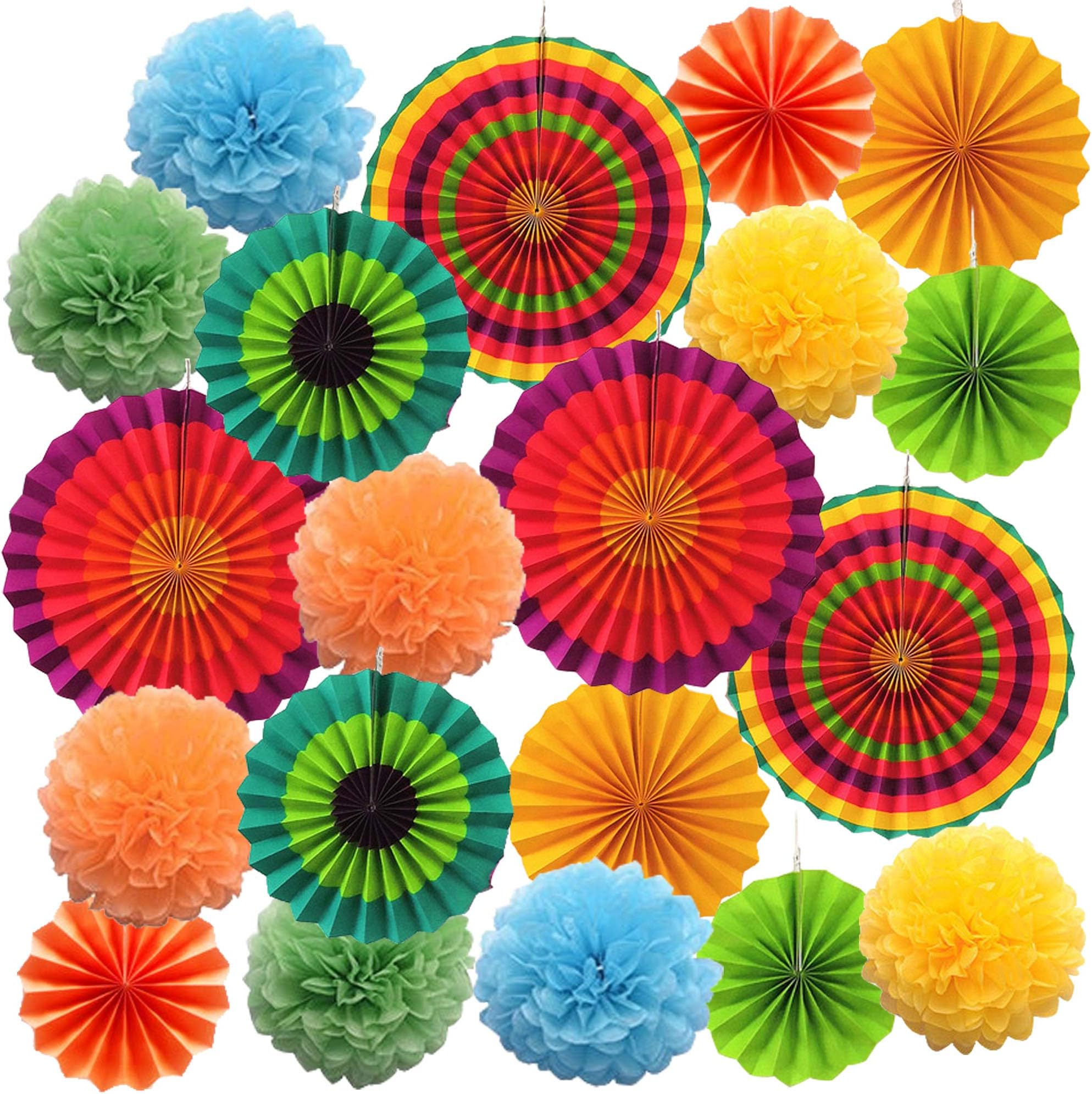 Yifantacy Party Decoration Set Supplies, 12 Pcs Hanging Paper Fan Decoration and 8 PCS 10 in Tissue Paper Pom Poms Flower for Birthday Party Wedding Event Festival Decorations- Colorful