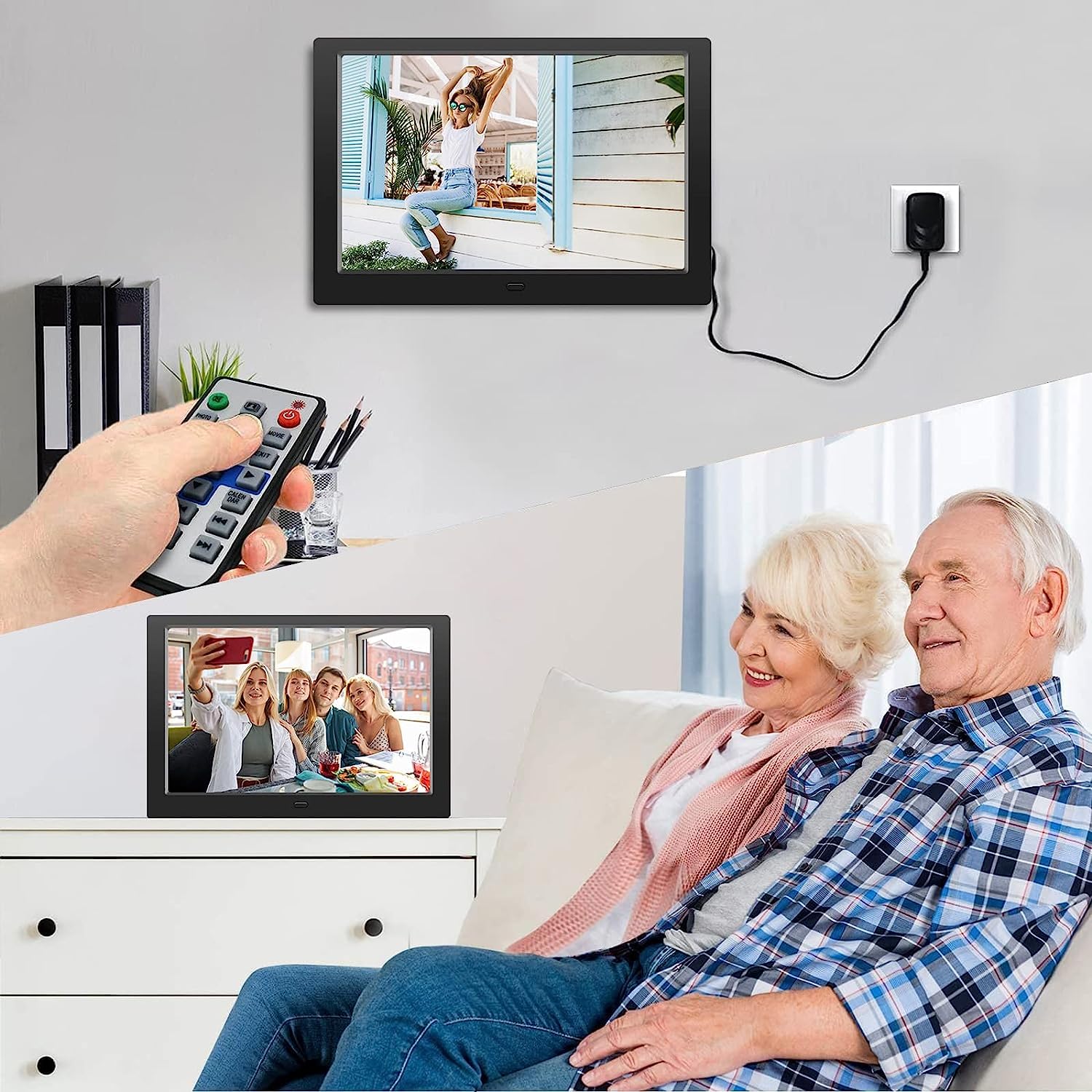YOUYU Digitale Fotolijst 10 inch, Digitale Fotolijsten met Afstandsbediening, Plug en Play, Ondersteunt USB en SD kaart, IPS Weergave, Automatisch Afspelen van Foto's/Video's/Kalender/Klok (Zwart