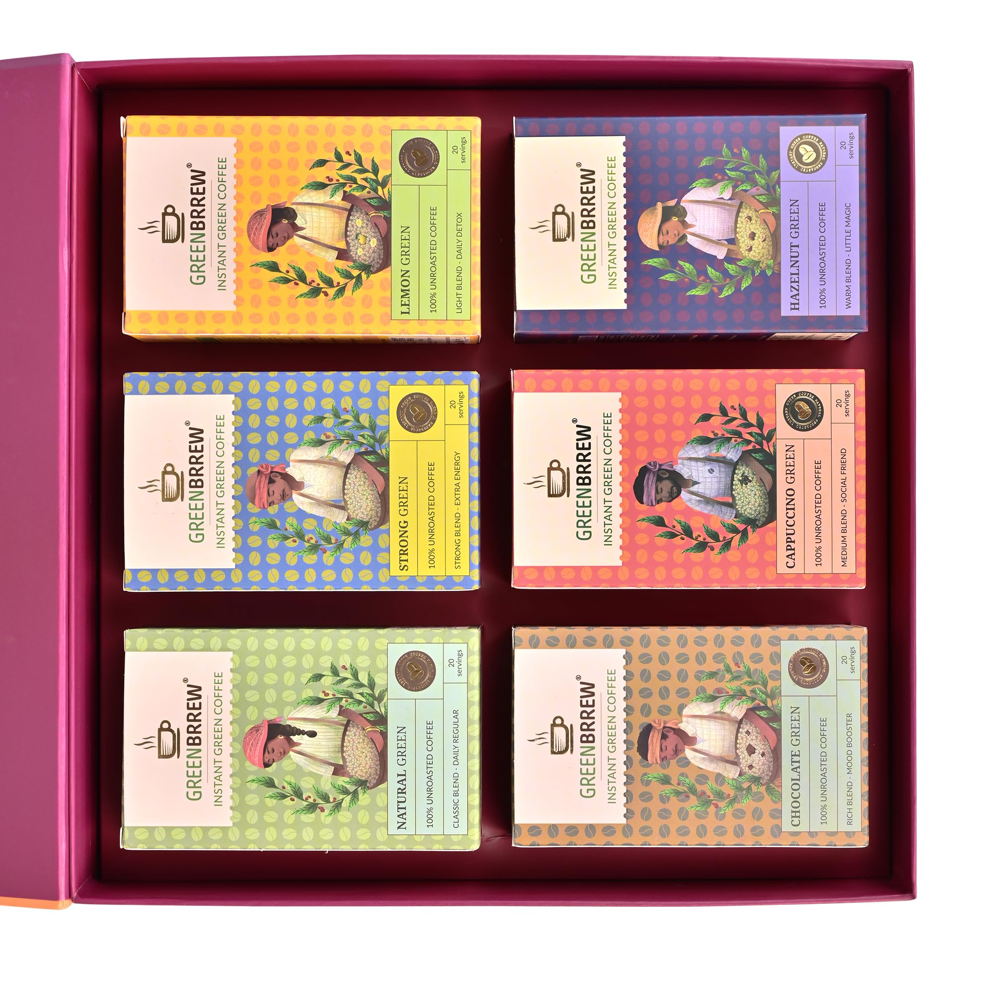 Greenbrrew Instant Green Coffee Gift Hamper Combo - Chocolate | Cappuccino | Hazelnut | Natural | Lemon | Strong | 20 Sachets & 60g Each 3