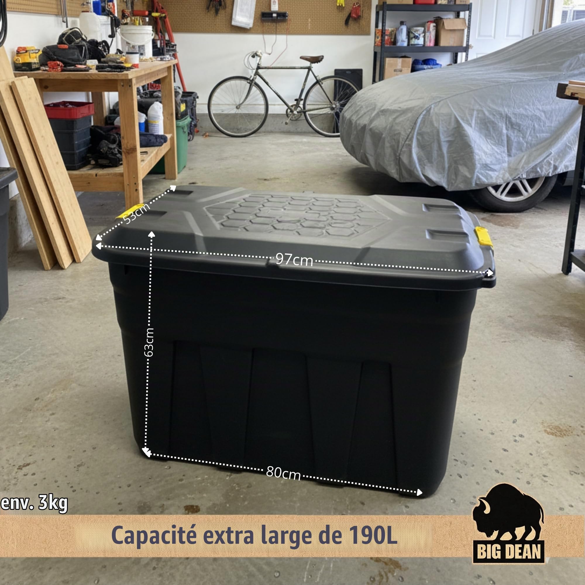BigDean Boîte de rangement XXL avec couvercle et roues 190 l