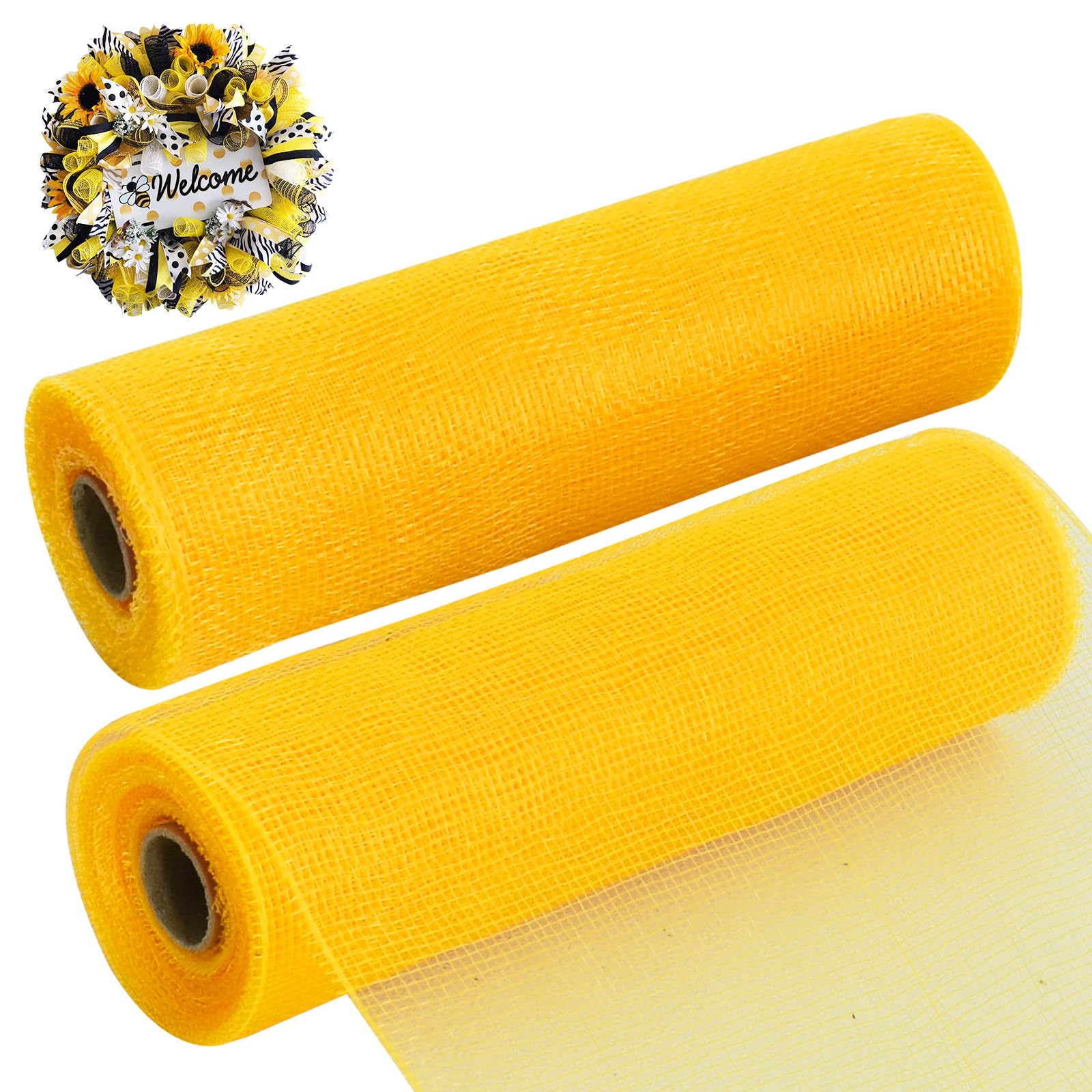 Photo 1 of TONIFUL 2 Rolls 10 Inch Yellow Decorative Mesh Ribbbon Rolls, Fabric Mesh for Mesh Wreath Supplies, Front Door Wreath Crafts Tree Decor Christmas NewYears Halloween Decoration (10 yds/roll)