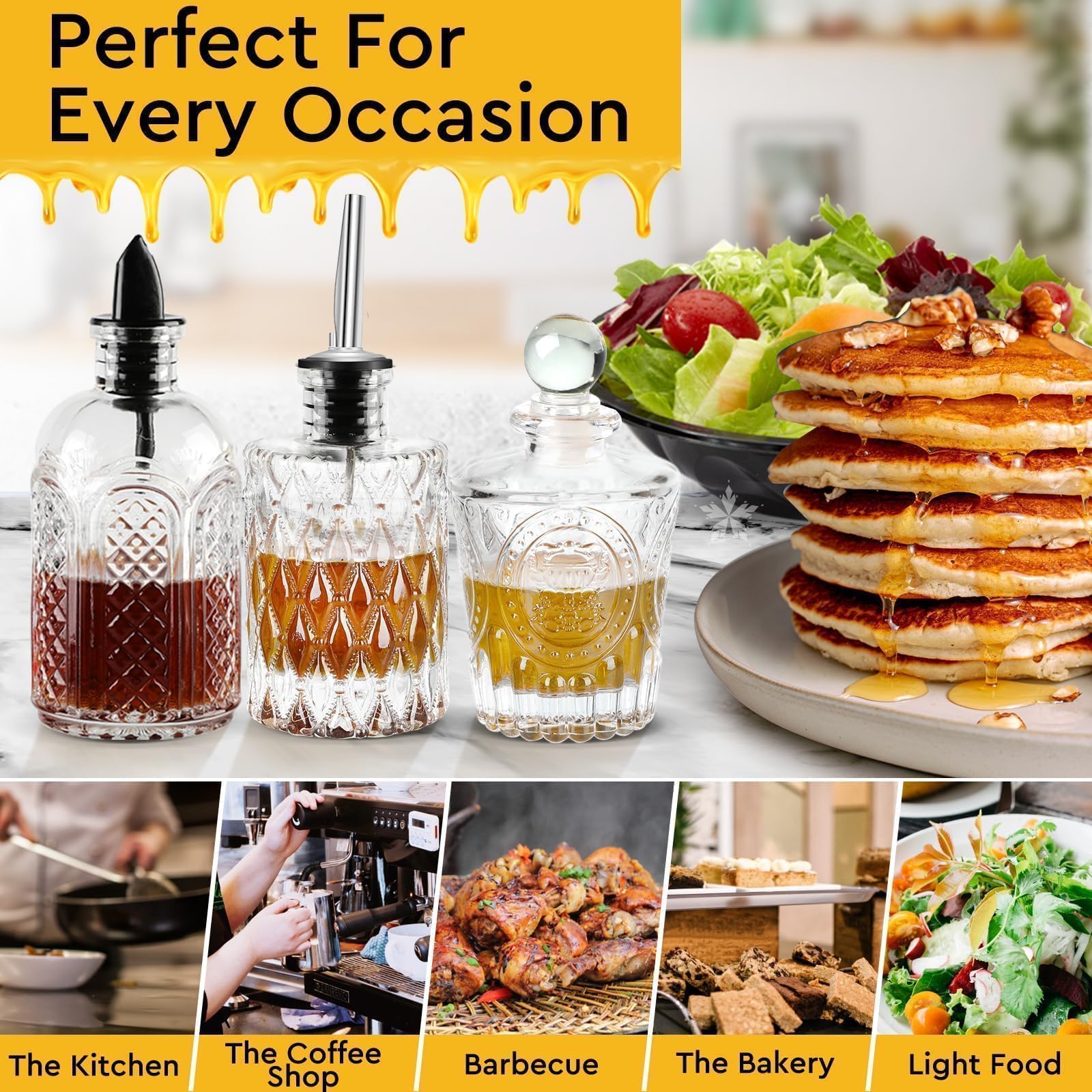 Lot De 3 Bouteilles En Verre Pour Sirop Café Avec Couvercles Anti-Fuite - Idéal Miel, Huile D'Olive, Condiments