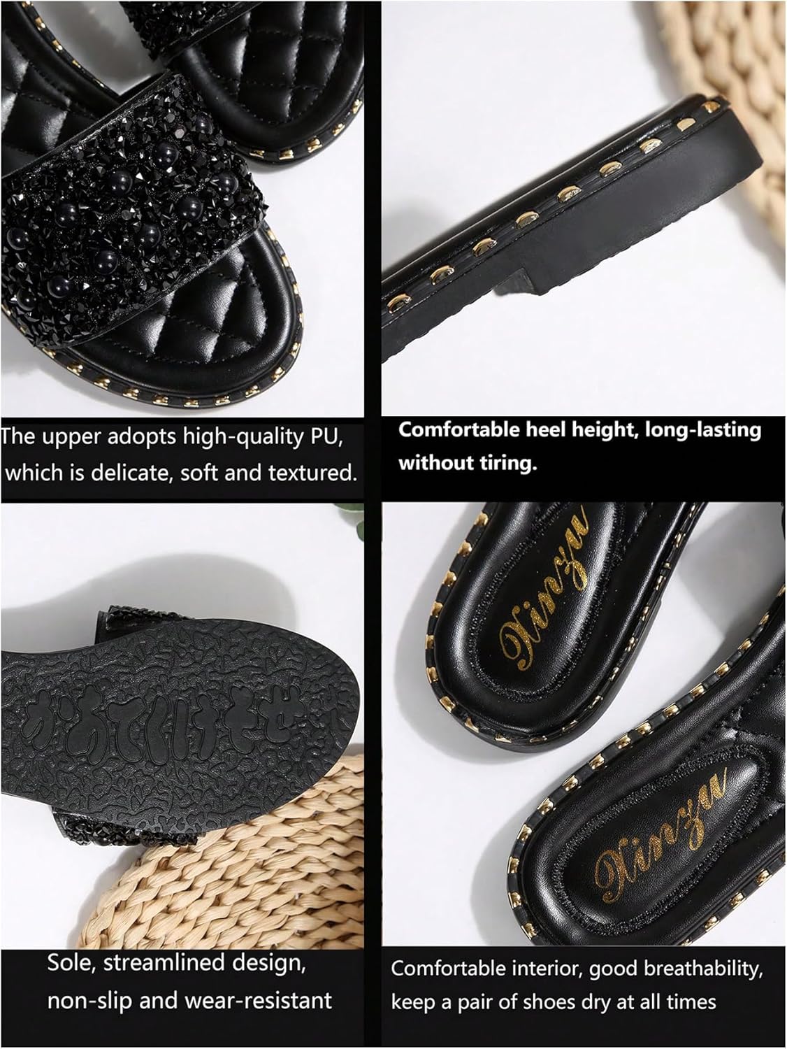 GORGLITTER Women's Summer Beach Vacation Slides Sandals Dressy Cute Summer Boho Pearls Square Toe Slip On Flats Slipper
