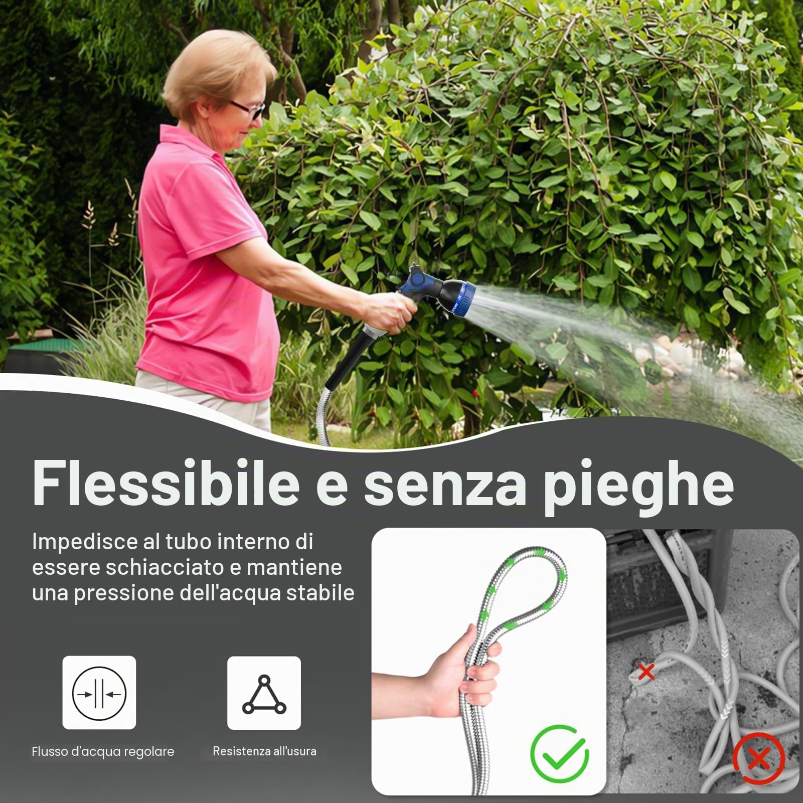 SPECILITE Tubo da giardino in acciaio inox 304, resistente, con ugelli, per cortile, esterno, flessibile, non si attorciglia e non si attorciglia, resistente alle forature, 22,9 m