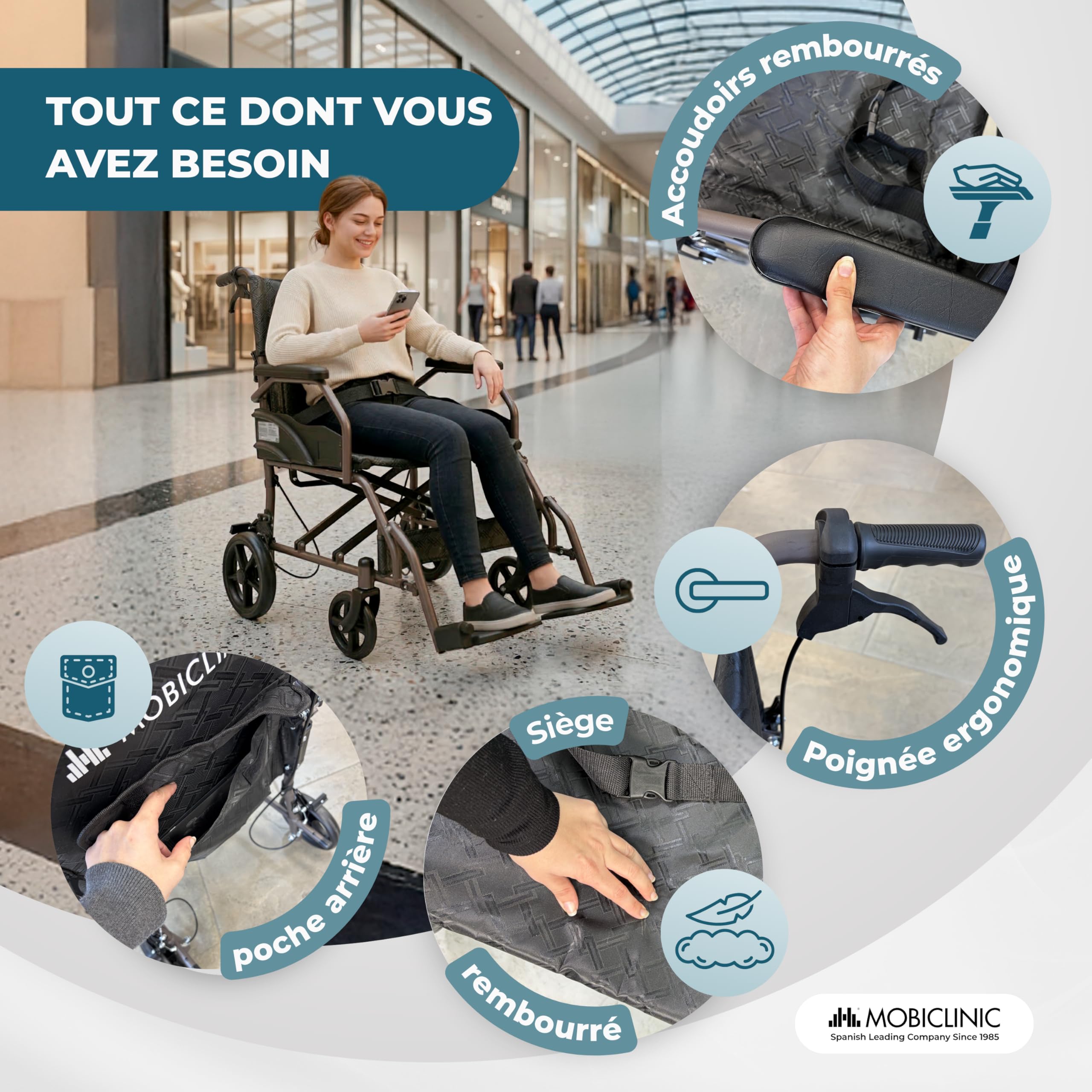 Mobiclinic®, Fauteuil Roulant Pliant, de Transit, Dossier et Repose-pieds Rabattables, Double Système de Freinage, Accoudoirs Rembourrés, Acier, Léger et Compact, Kefren