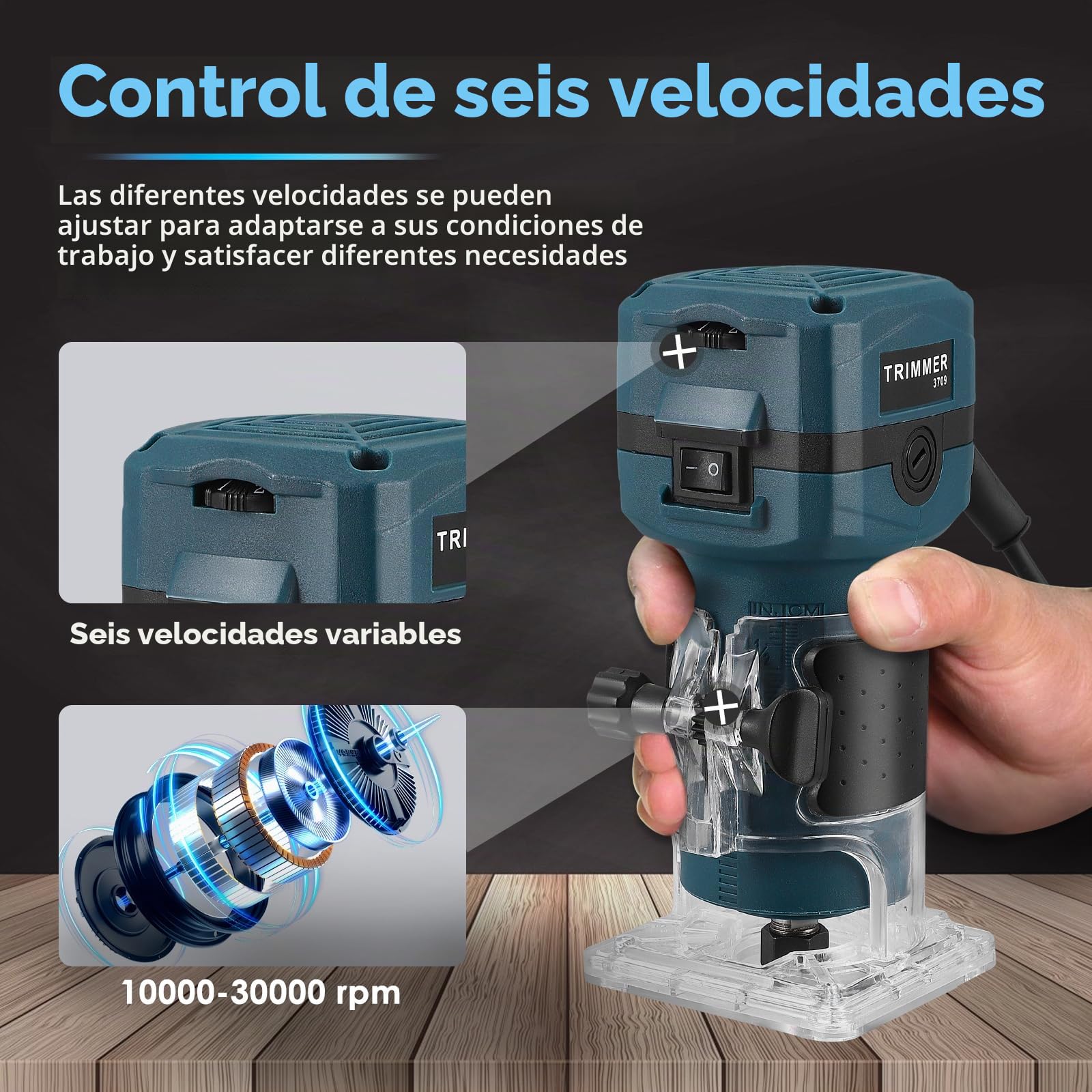 Fresadora Madera Fresadora Rebajadora Eléctrica 800W, 6 Velocidades 10000-30000 RPM, Fresadora de Mano con 15 Piezas Fresas 1/4" y Caja de Madera, Pinza 6.35mm Enchufe UE Azul para Carpintería