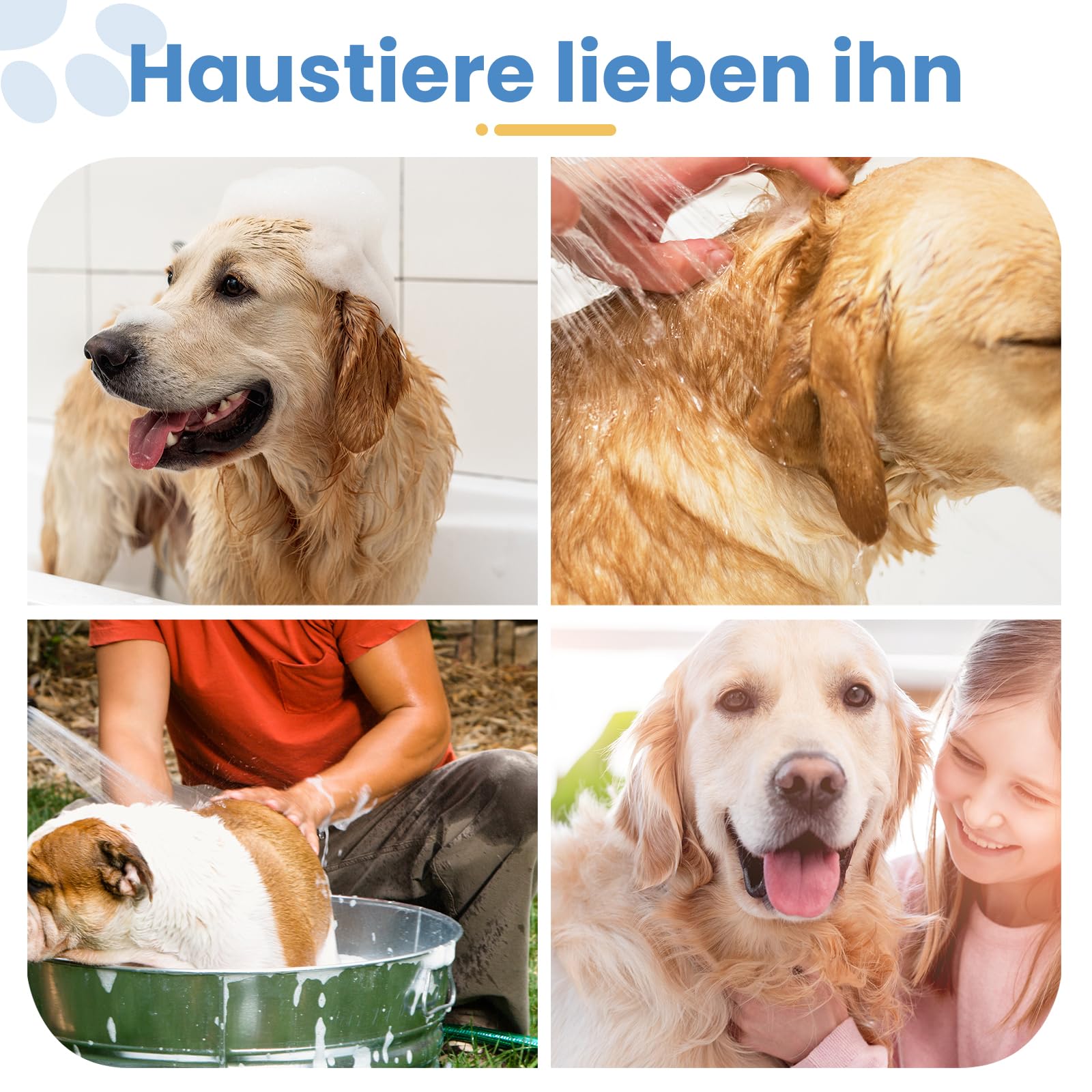 4 in 1 Hundebadbürste, Haustier Duschkopf, Hunde Badebürste mit 2.1 Meters PVC Schlauch und 3 Schlauchadapter, Hundebürsten für Schrubben, Massieren und Pflegen