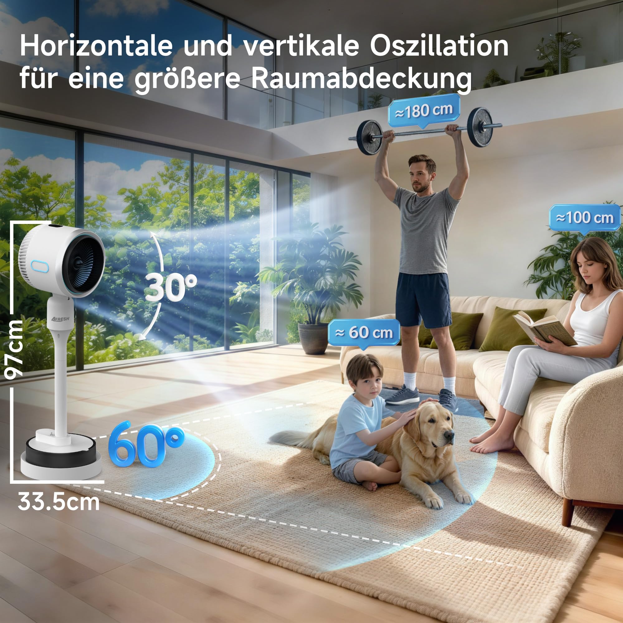 4-in-1 Multifunktionsventilator mit Wasserkühlung, Heizlüfter, Luftbefeuchter & Negativionen, 3 Windstufen, 60° horizontale Oszillation, 12h Timer, Wassertank, Kühlakku, Weiß