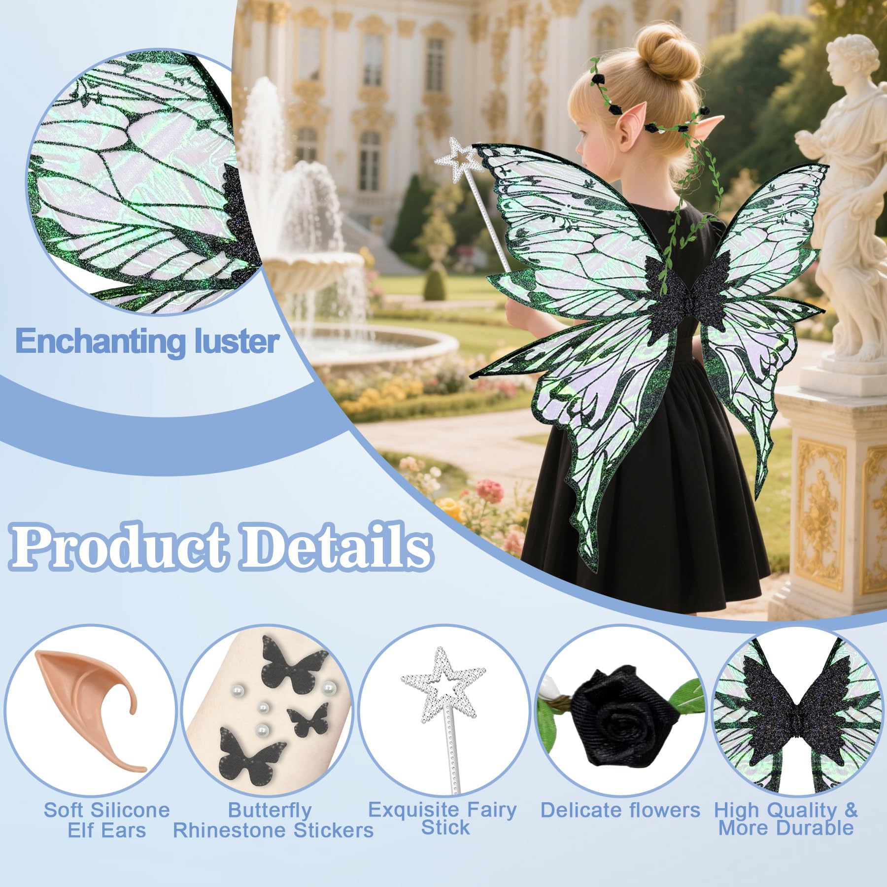 YeahBoom Children's fairy wings, butterfly wings with elf ears, fairy headband and star fairy wands, butterfly wings - Image 3