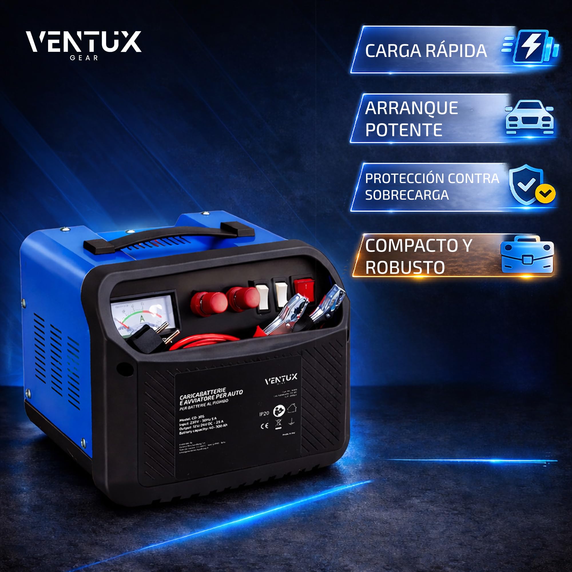 Cargador de Batería de Coche 12V/24V CD-30S – Función Arranque 160A/260A | Cargador Bateria Moto y Vehículos con Amperímetro | Cargador Bateria 12V Plomo con Protecciones de Seguridad