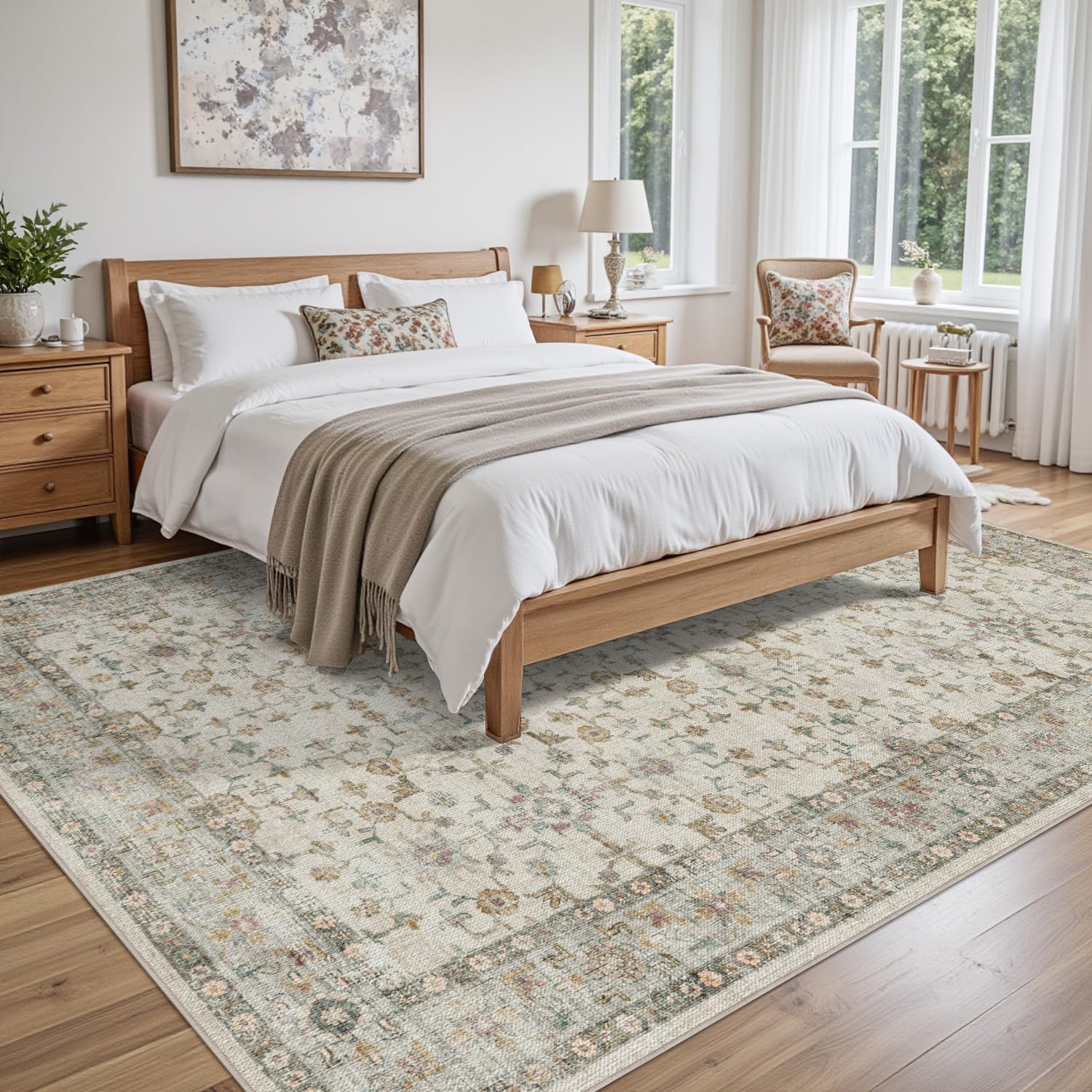 DEXI Tappeti Salotto 244 x 305 cm, Antiscivolo Tappetino Disegno Floreale per Soggiorno, Assorbente Lavabile Tappeto Pelo Corto per Camera da Letto, Sala da Pranzo, Ufficio, Beige
