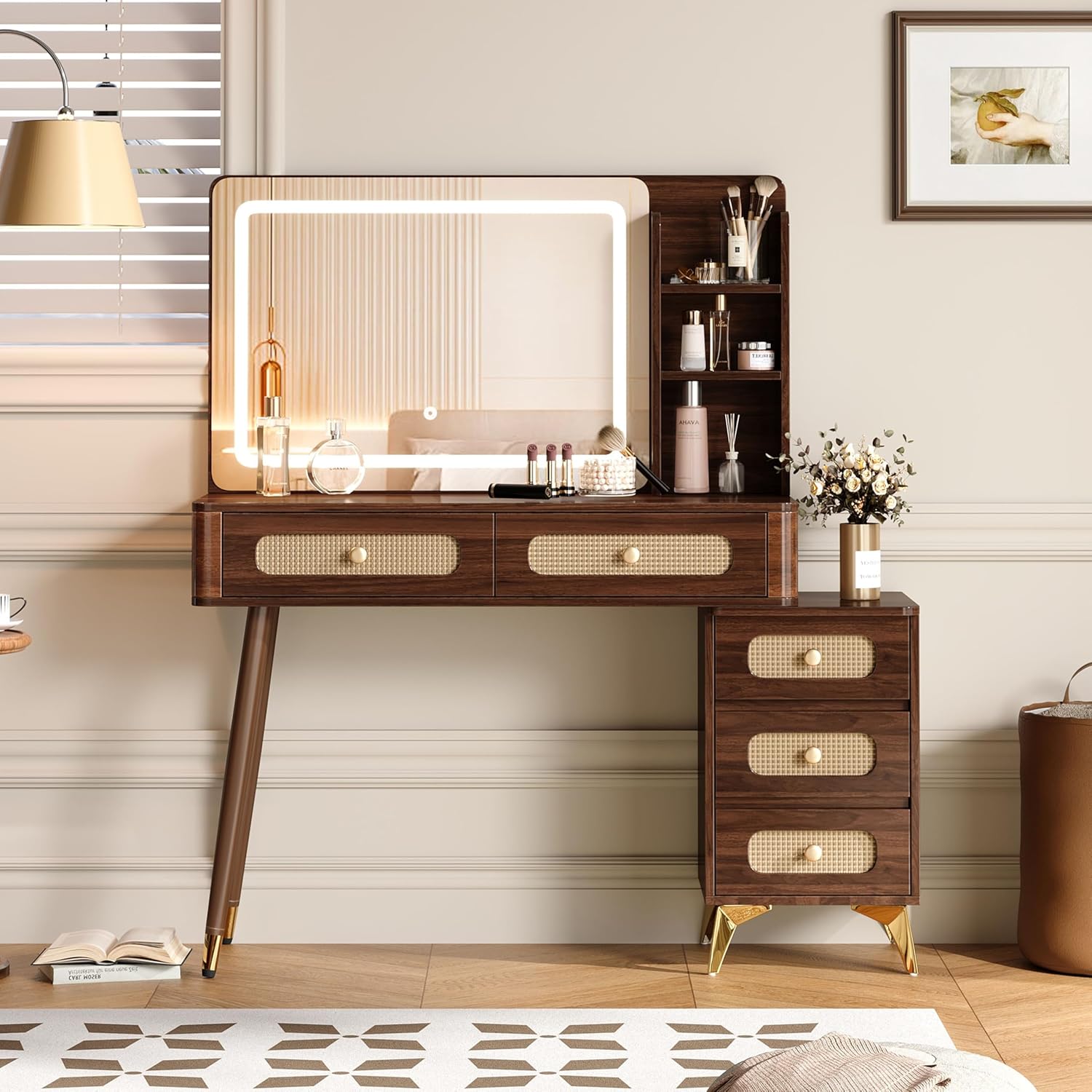 JIVOIT 47" Vintage Makeup Vanity with Mirror, Modern Makeup Vanity Desk with 5 Drawers and Storage Shelf, Rattan Drawer Design, Rounded Corner Design, Dressing Table for Home