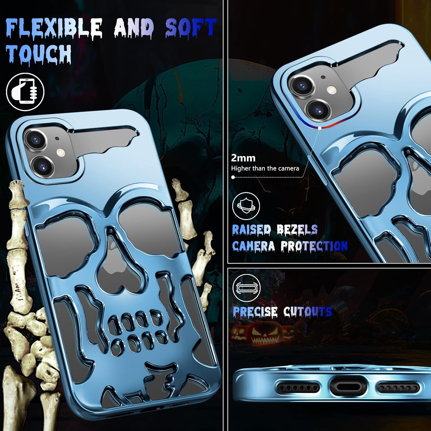 for iPhone 11 Case for Men, Women Cool Skull Skeleton Funny Gothic Hollow Cases for Boy Girls, Fashion Hollowed Designer Plated Shockproof Goth Cover for iPhone 11 Sierran Blue - Image 4