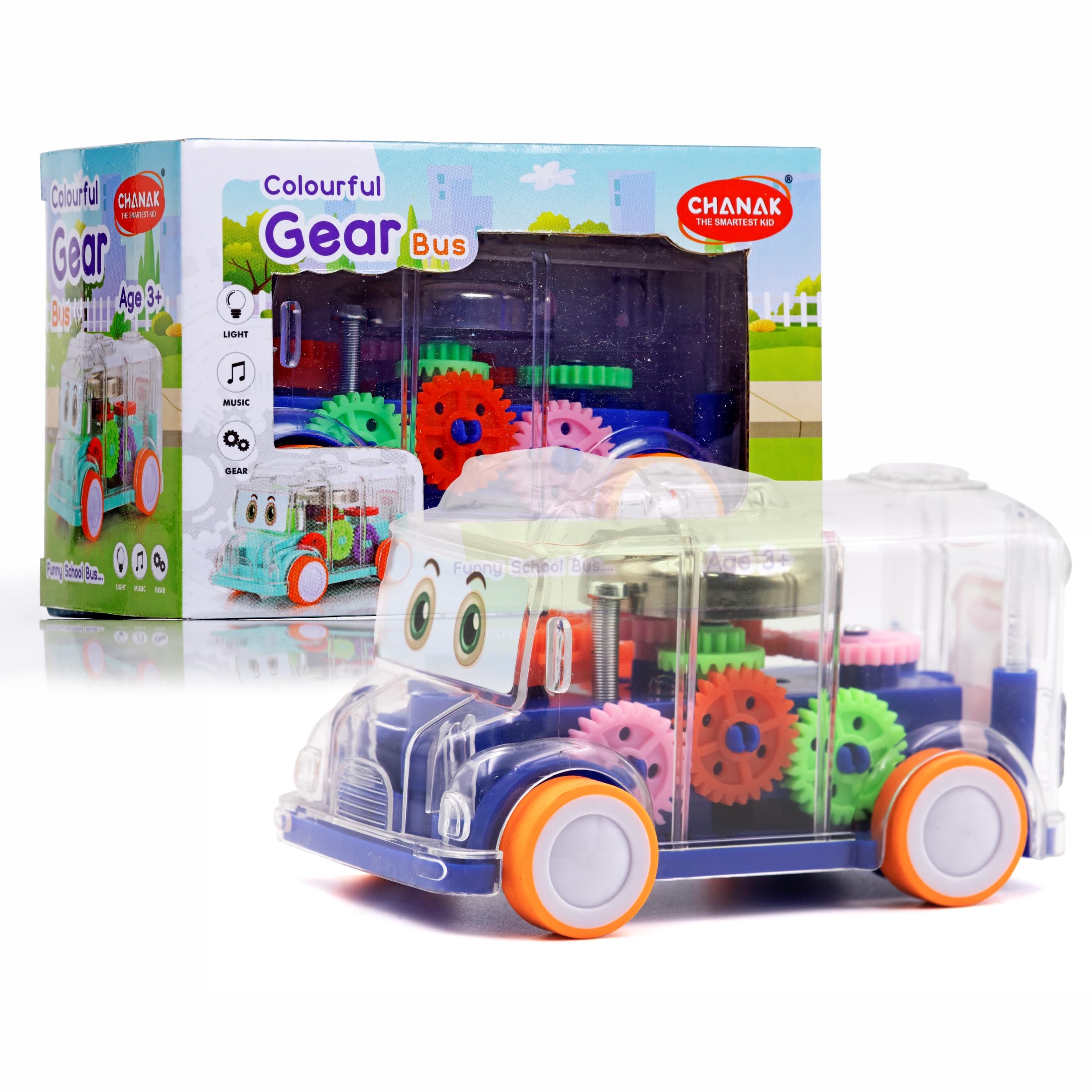 Chanak Transparent Gear Bus for Kids, Mini School Bus with Tinkling Sound and Light Toy for Kids Above 3 Years, BIS Approved (Dark Blue)
