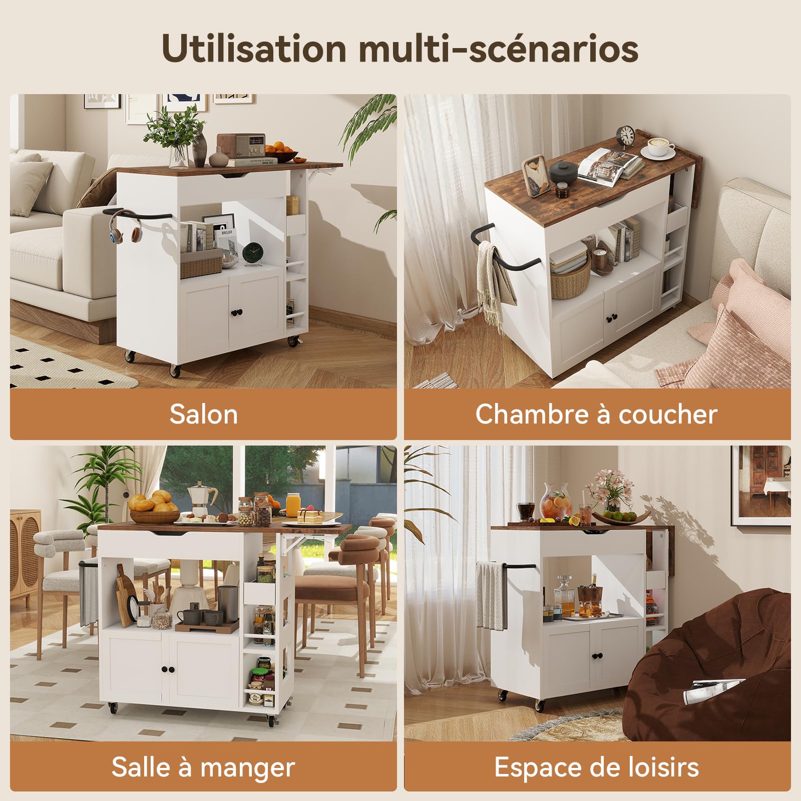 YU YUSING Desserte Cuisine à roulettes avec Plan de Travail Extensible 104x40cm, 4 Étagères, 2 Tiroirs, 1 Porte, Îlot Central Cuisine Mobile, Meuble Micro-Ondes, Blanc/Marron