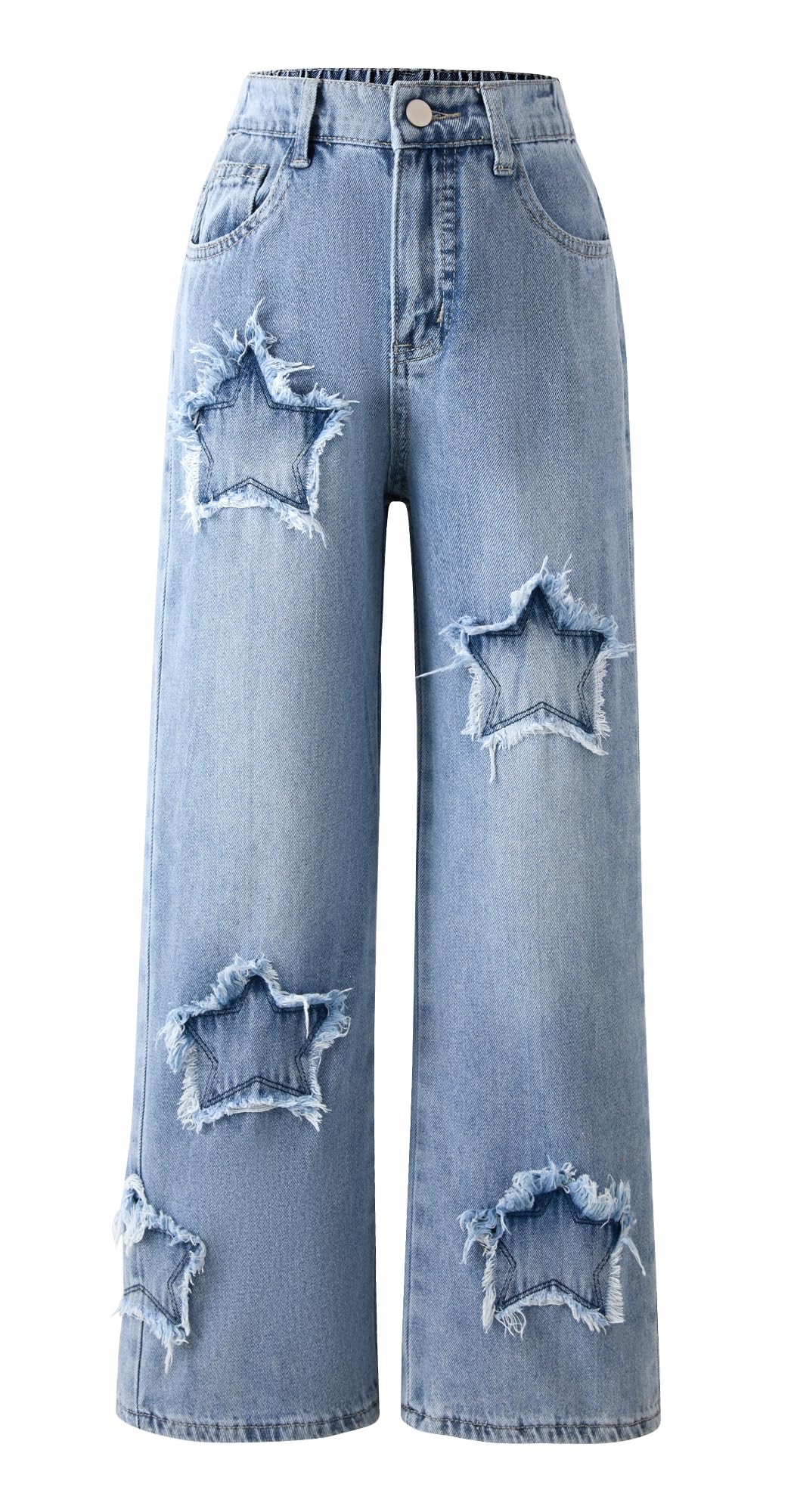 Maeau Jeans Déchiré/Étoiles Jambes Larges pour Fille, Pantalon Droit Taille Élastique, Jeans de Jazz Danse Décontracté Ample, Printemps L'été Automne, 7-14 Ans/Hauteur 130-160 cm