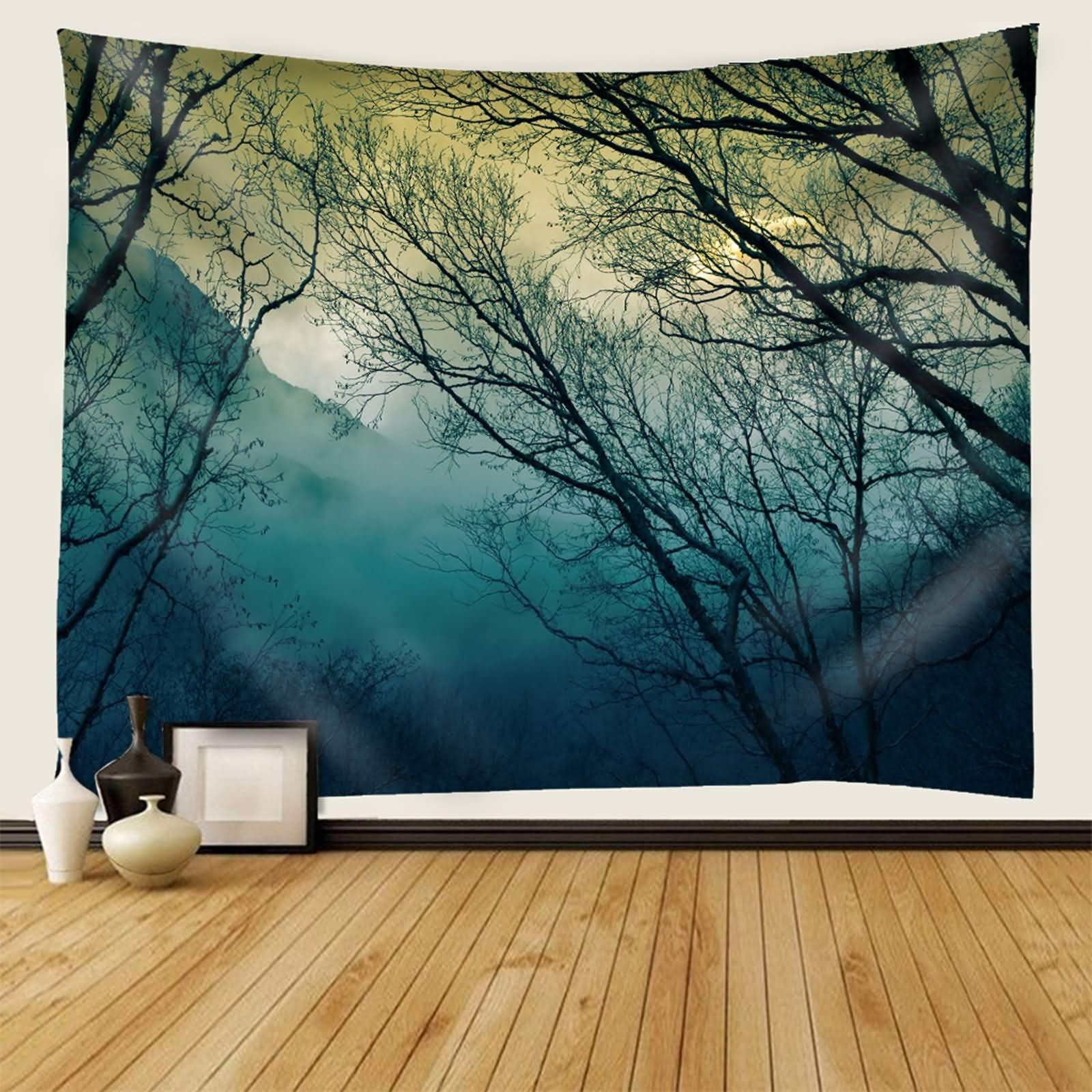 Homxi Tappeto da Parete Decorazione per Cameretta 200 W x 200 H CM, Paesaggio di Boschi Nebbiosi, Arazzo da Salotto Poliestere, Grigio Verde