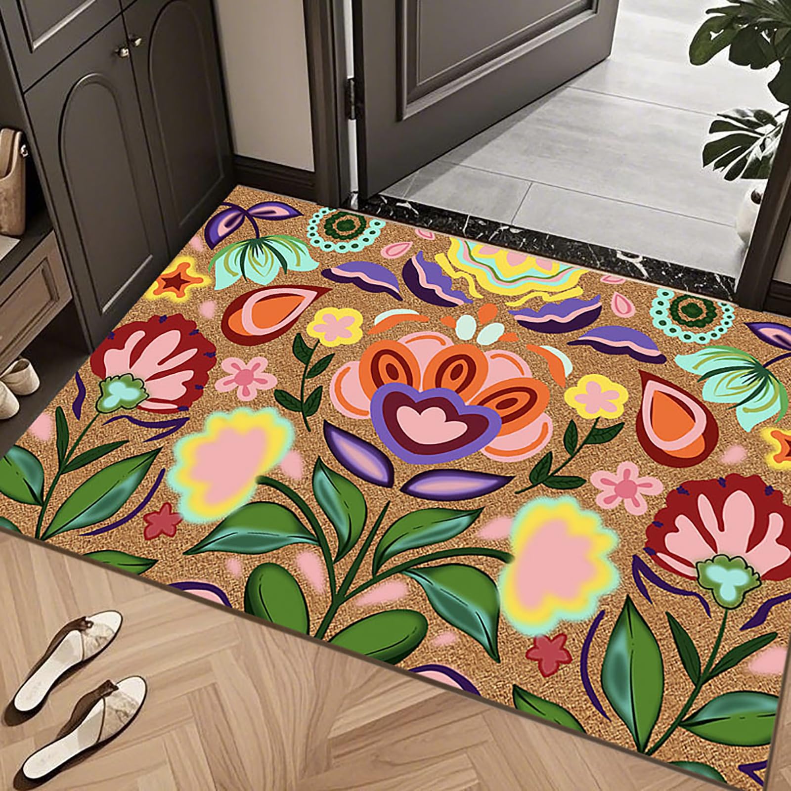 Generisch Fußmatte Mit Blumenmuster,Kokos-Willkommensmatte Mit Rutschfester Rückseite,B,60x90cm(24x35inch)