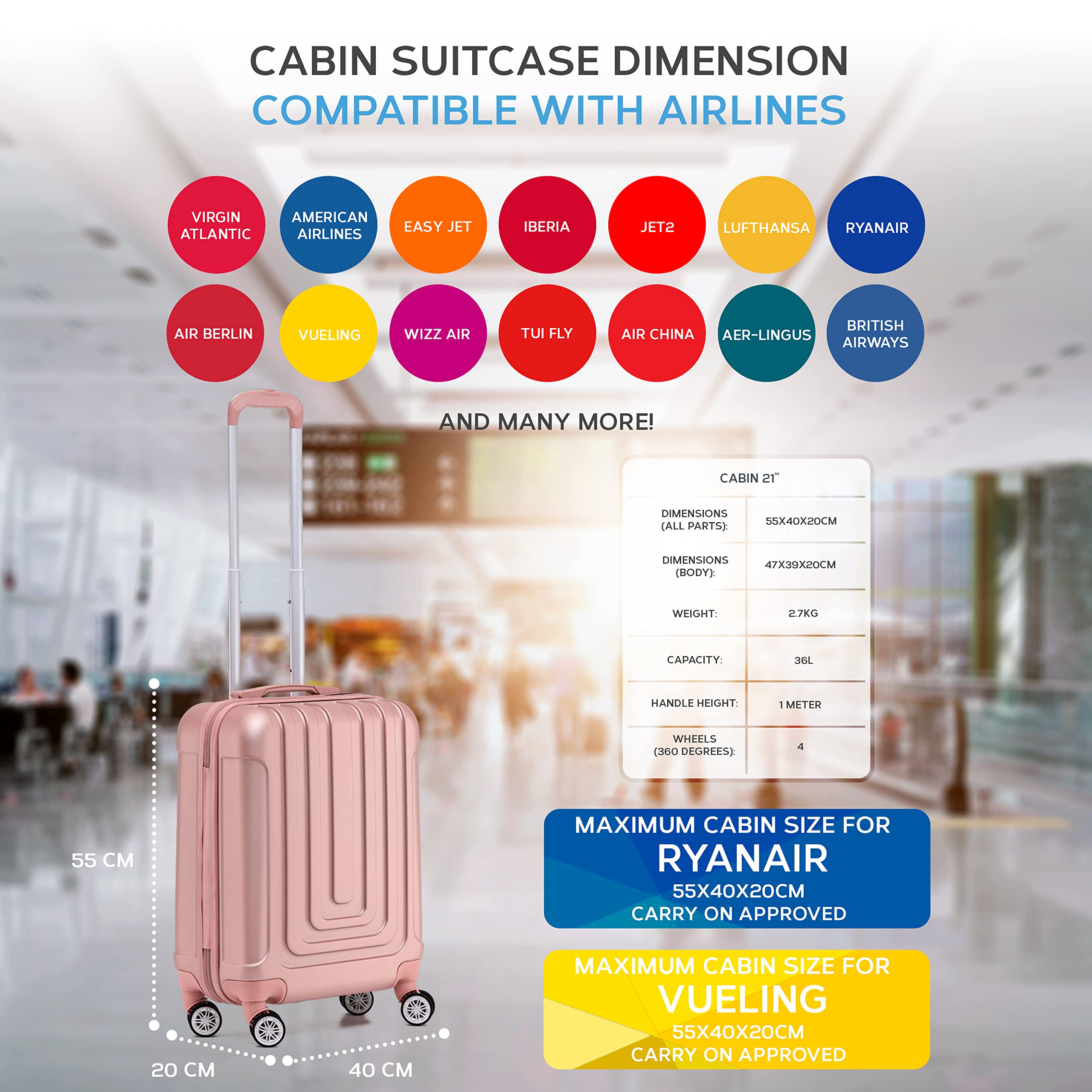 Flight Knight Premium Set of 2 Lightweight Cabin Suitcase - 8 Spinner Wheels - Built-in TSA Lock & USB Port - Luggage Approved for Over 100 Airlines Including Ryanair Priority - 55x40x20cm