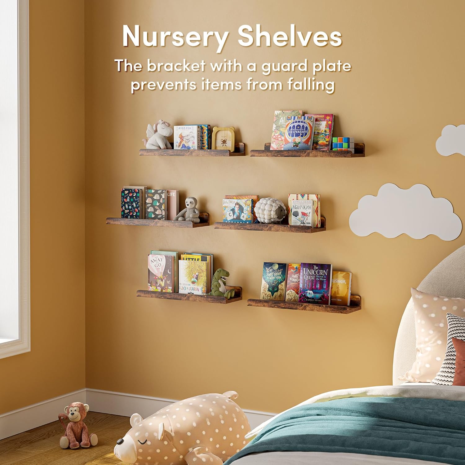 16’’Rustic Brown Floating Shelves for Wall Set of 6,Rustic Wood Shelf for Room Decor/Storage/Display,Small Bookshelf,Wall Mounted Hanging Shelves for Bedroom, Bathroom, Living Room, Kitchen