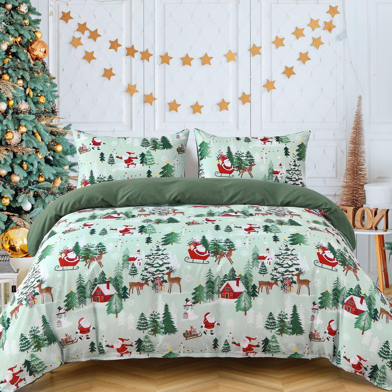 DJY Christmas Double Duvet Cover Set 3 Piece Set, Santa Claus Snowflake Tree Pattern, Gree...