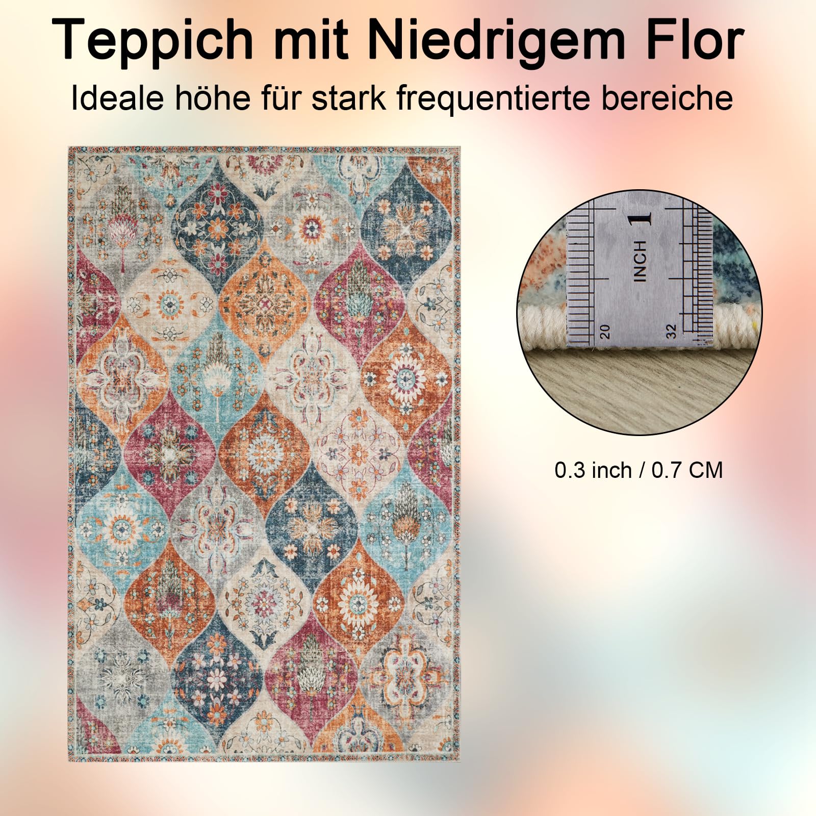 Xfrog Blumen Boho Teppich - Rutschfester Waschbarer Ultraweicher Antiker Niedriger Flor Flächenteppich für Wohnzimmer, Schlafzimmer, Kinderzimmer - 160 x 230 cm