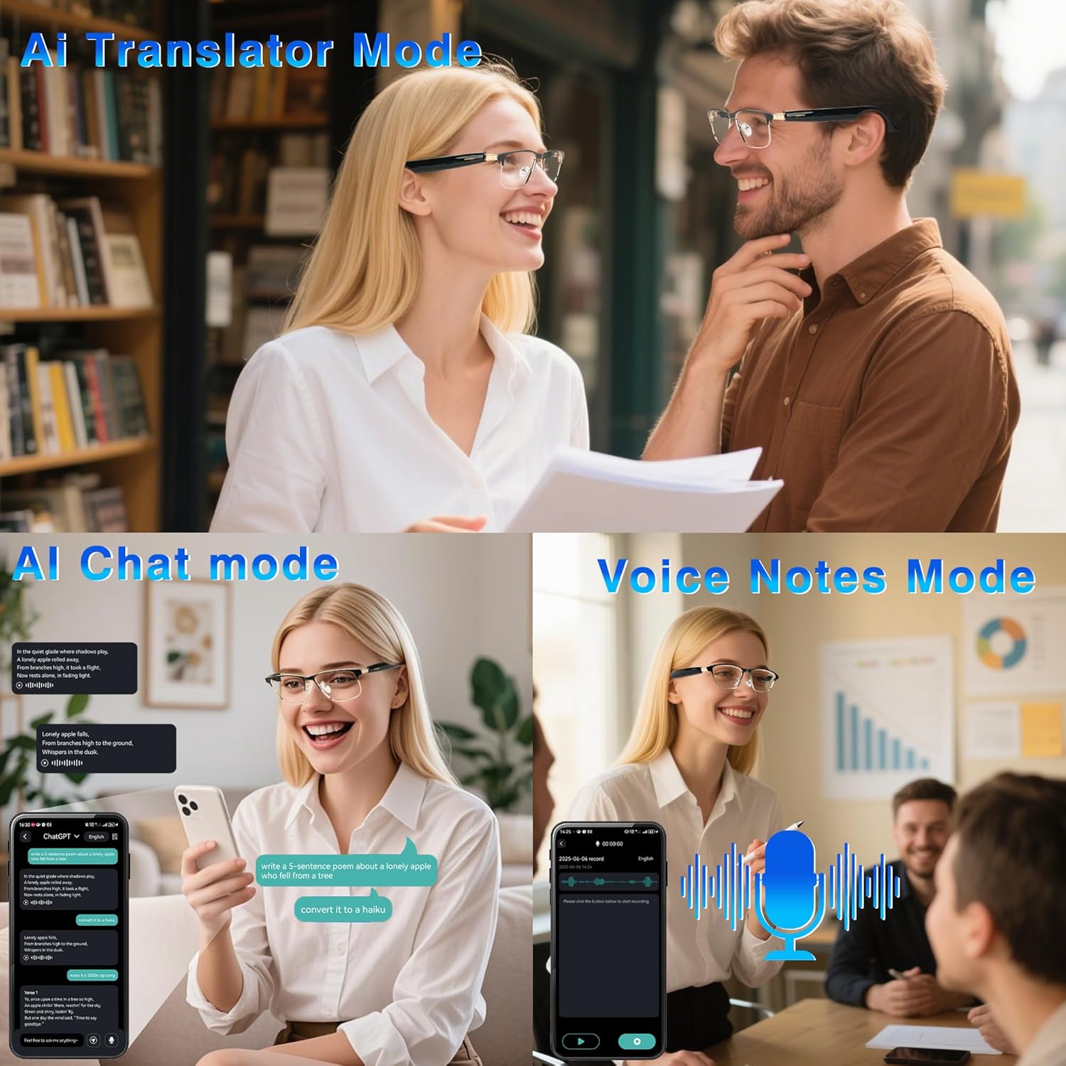 OICIIDO AI Translation Smart Glasses demonstrating AI Translator Mode, AI Chat Mode, and Voice Notes Mode with app interfaces.
