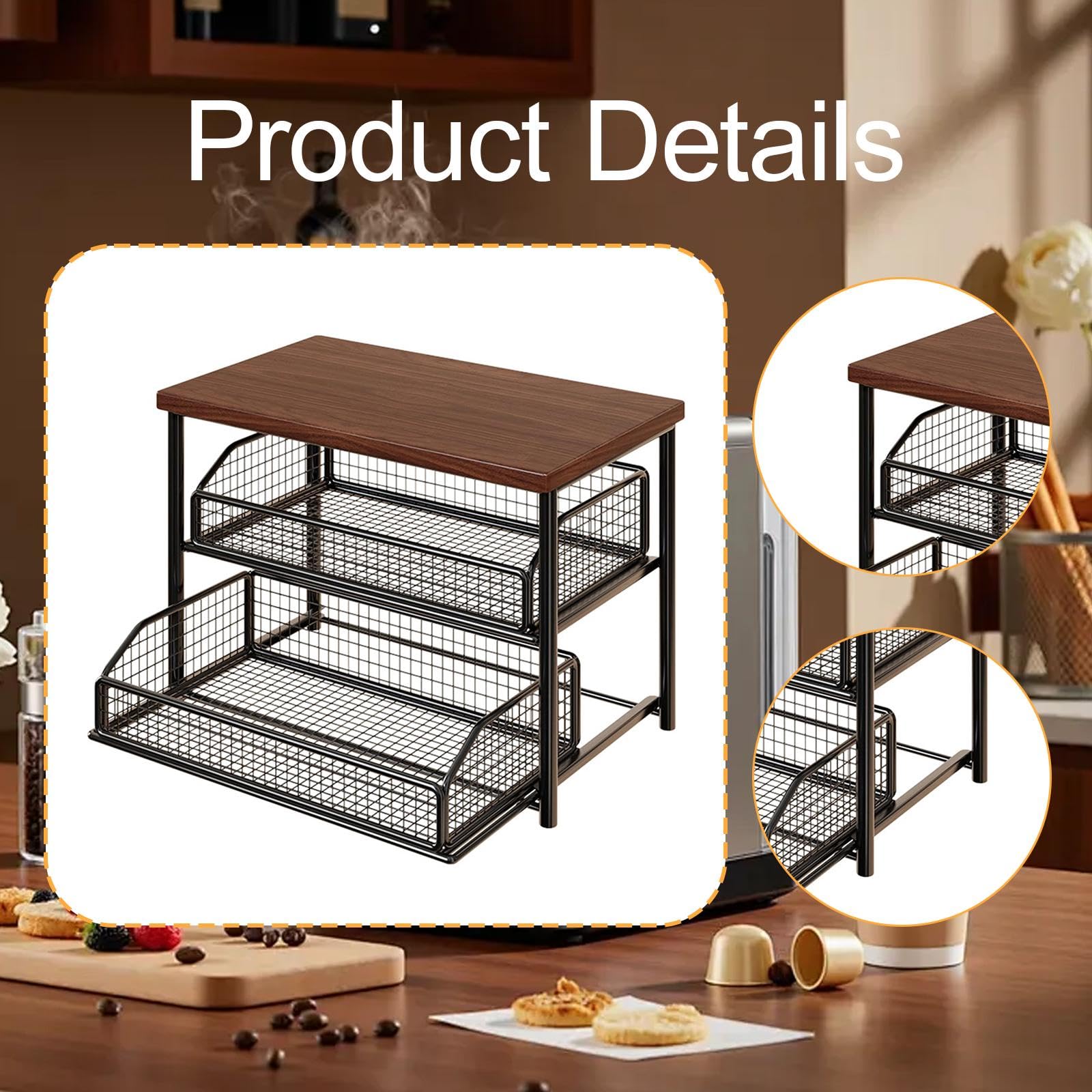 Kaffee Station Organizer Regal mit Schublade Zweistufige Ablage Aus Eisen Und Holz Ideal Zur Aufbewahrung von Tassen Und Zutaten für Küche Kaffeebar V, Schwarz