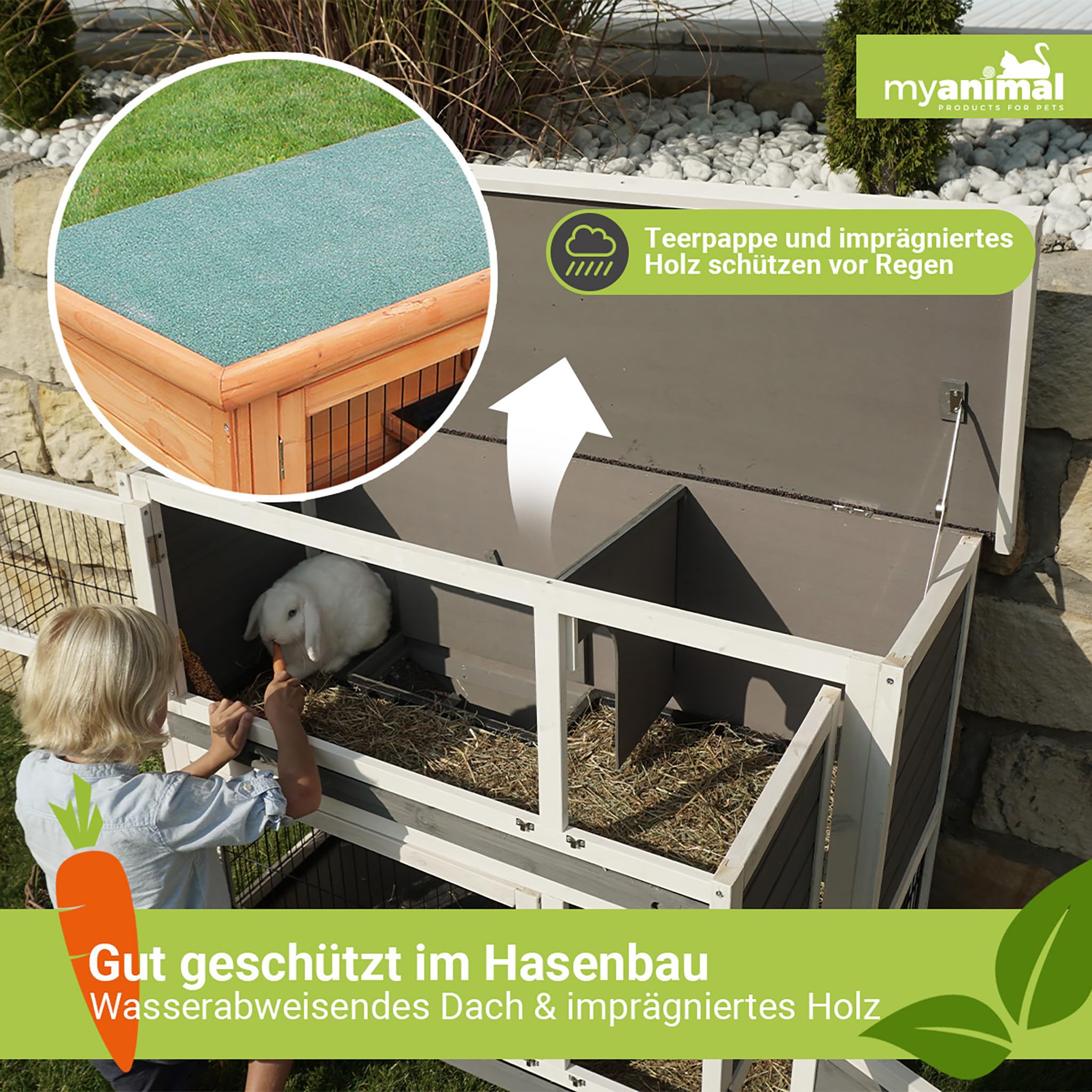 MyAnimal Hasenstall MH-20 | 120x51x105 cm - Kaninchenstall mit Freilaufgehege - Doppelstockhaus 2 Ebenen - Hasenkäfig - Holz imprägniert - Kaninchenkäfig Winterfest - Indoor & Outdoor (Braun)
