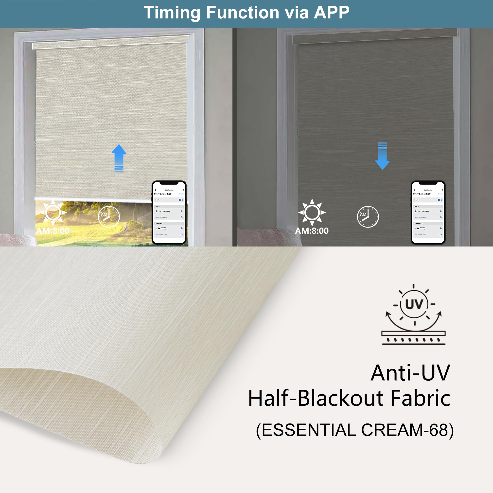 Bringnox Motorized Blinds with Remote,Light Filtering Smart Roller Blinds,Compatible with Google Home and Alexa Via HUB,50% Blackout Roller Shades for Home,Bedroom (Essential CREAM-68)