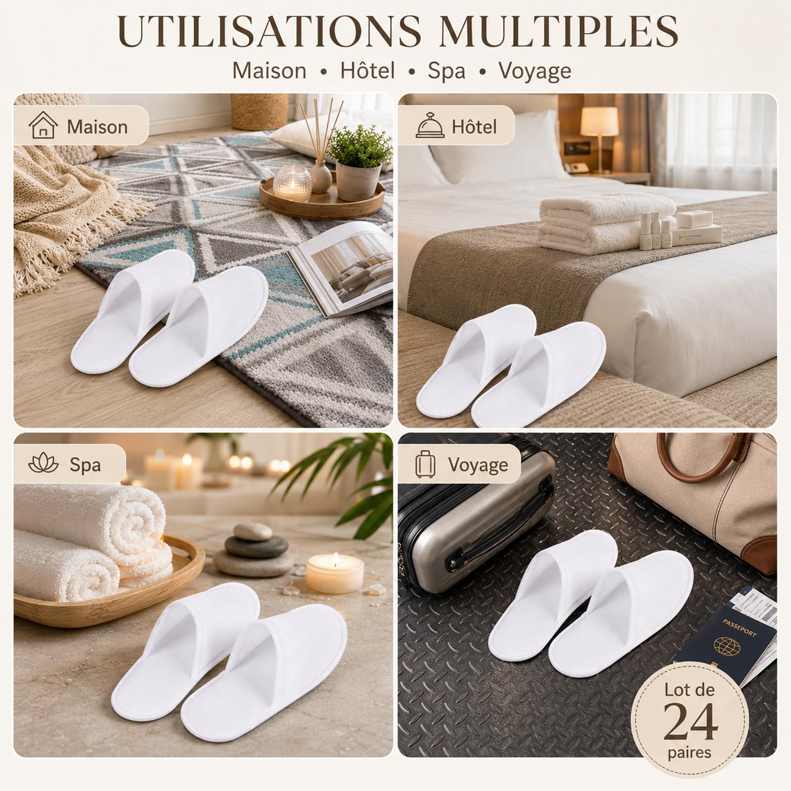 Lot de 24 Paires de Chaussons Jetables pour Hôtel et Spa, Blancs | Pantoufles Fermées Antidérapantes pour Invités, Maison, Voyage, Salon de Beauté, Hommes et Femmes