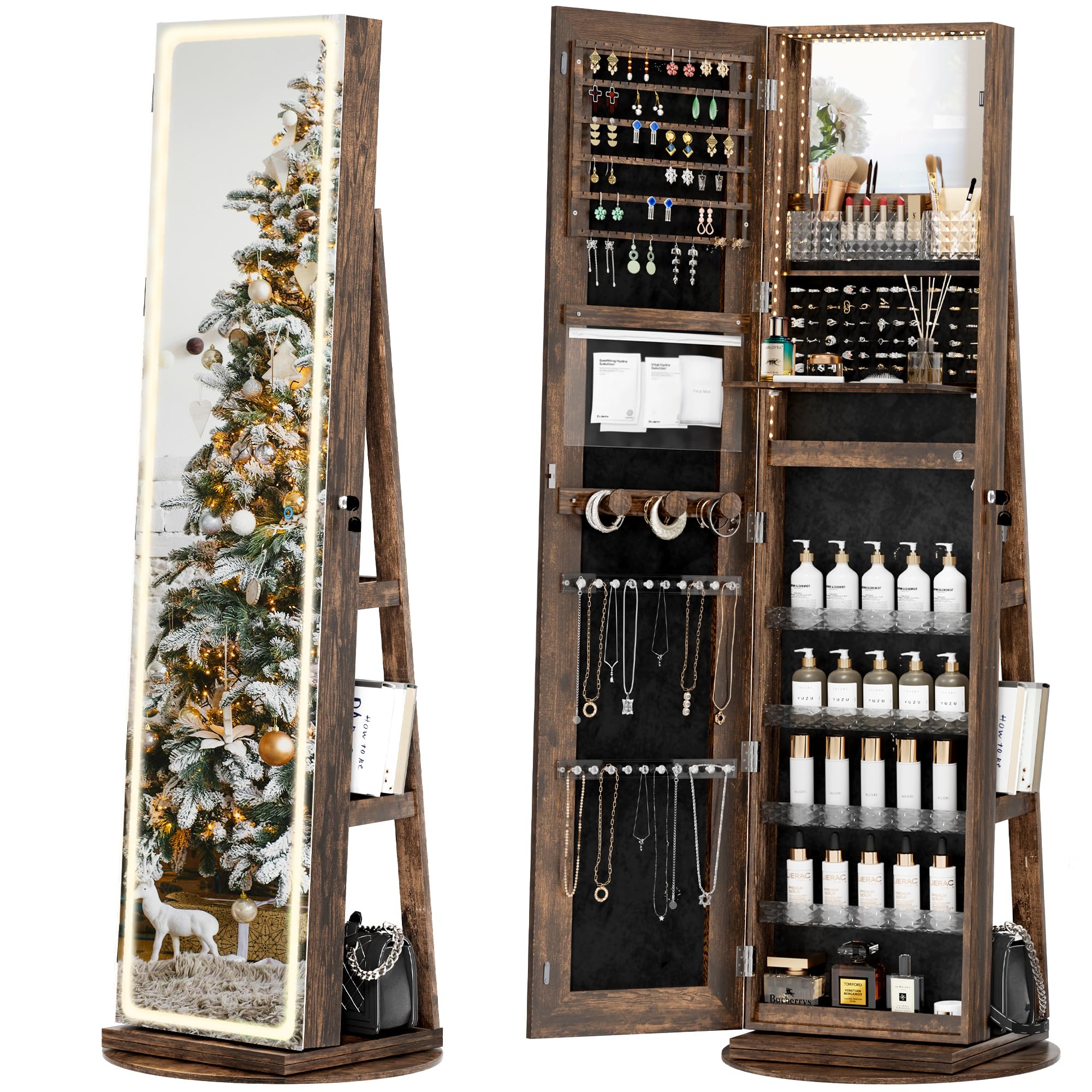 LED Mirror Jewelry Cabinet Standing, 360° Swivel Jewelry Armoire, Brown