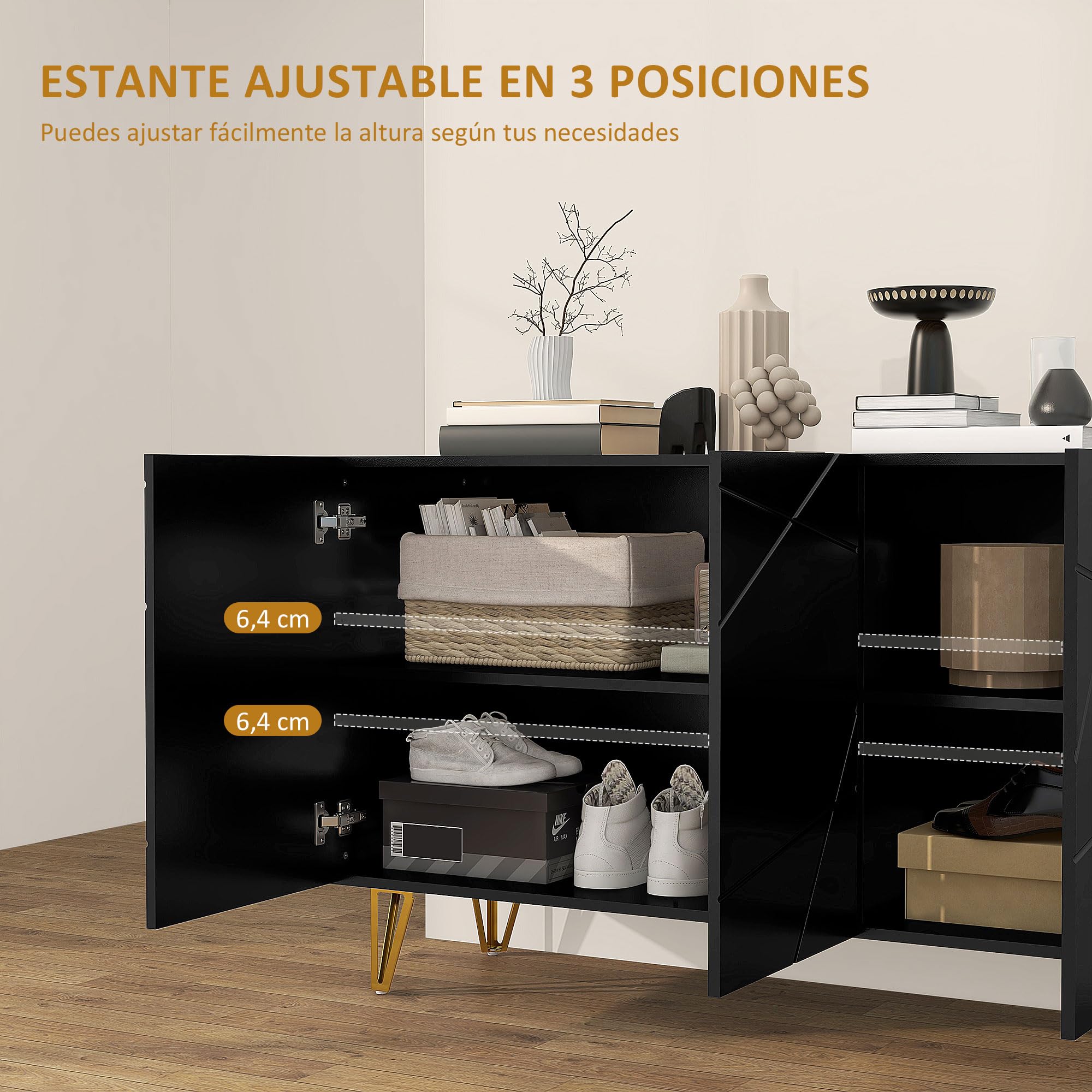 HOMCOM Aparador para Salón Aparador de Entrada con 3 Puertas y Estantes Ajustables Armario de Almacenamiento para Cocina Sala 120x40x75 cm Negro Brillo