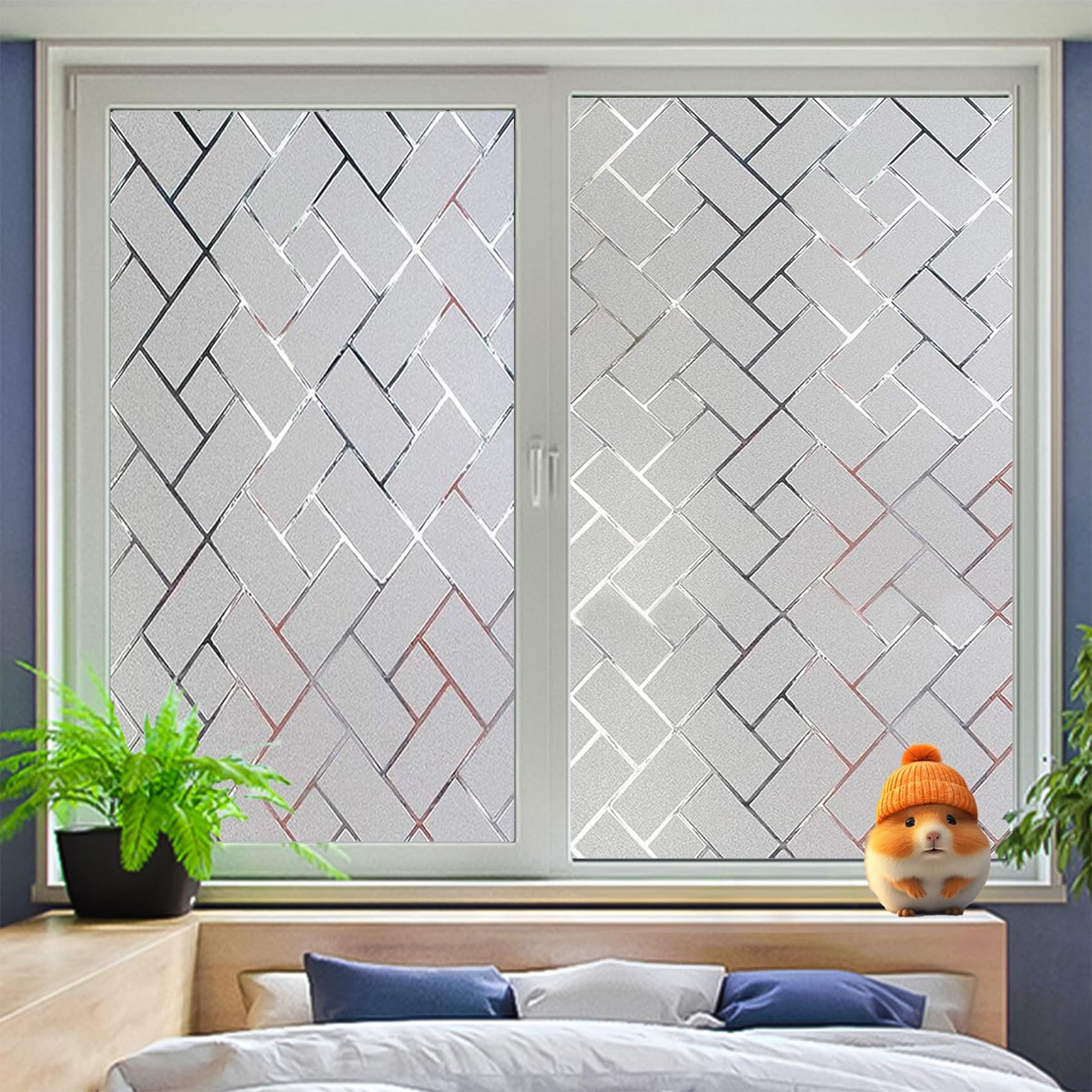 Window Film Privacy Frosted 100 x 160 cm, No Glue Window Sticker, Privacy, Opaque, UV Protection, Static Cling, Privacy Glass Film for Office with Toolkit for Window, Oblique Grid