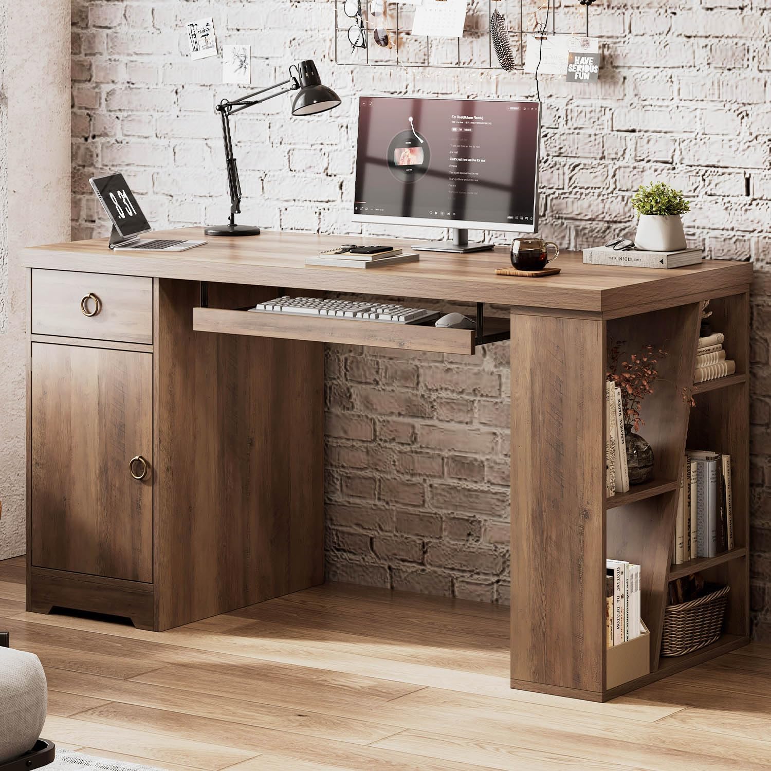 HSH 55" Executive Computer Desk,Farmhouse Home Office Desk with Storage Drawers and Keyboard Tray, Rustic Wood Work Study Writing Pc Table Studio Desks Wooden Workstation with Shelves and Cabinet